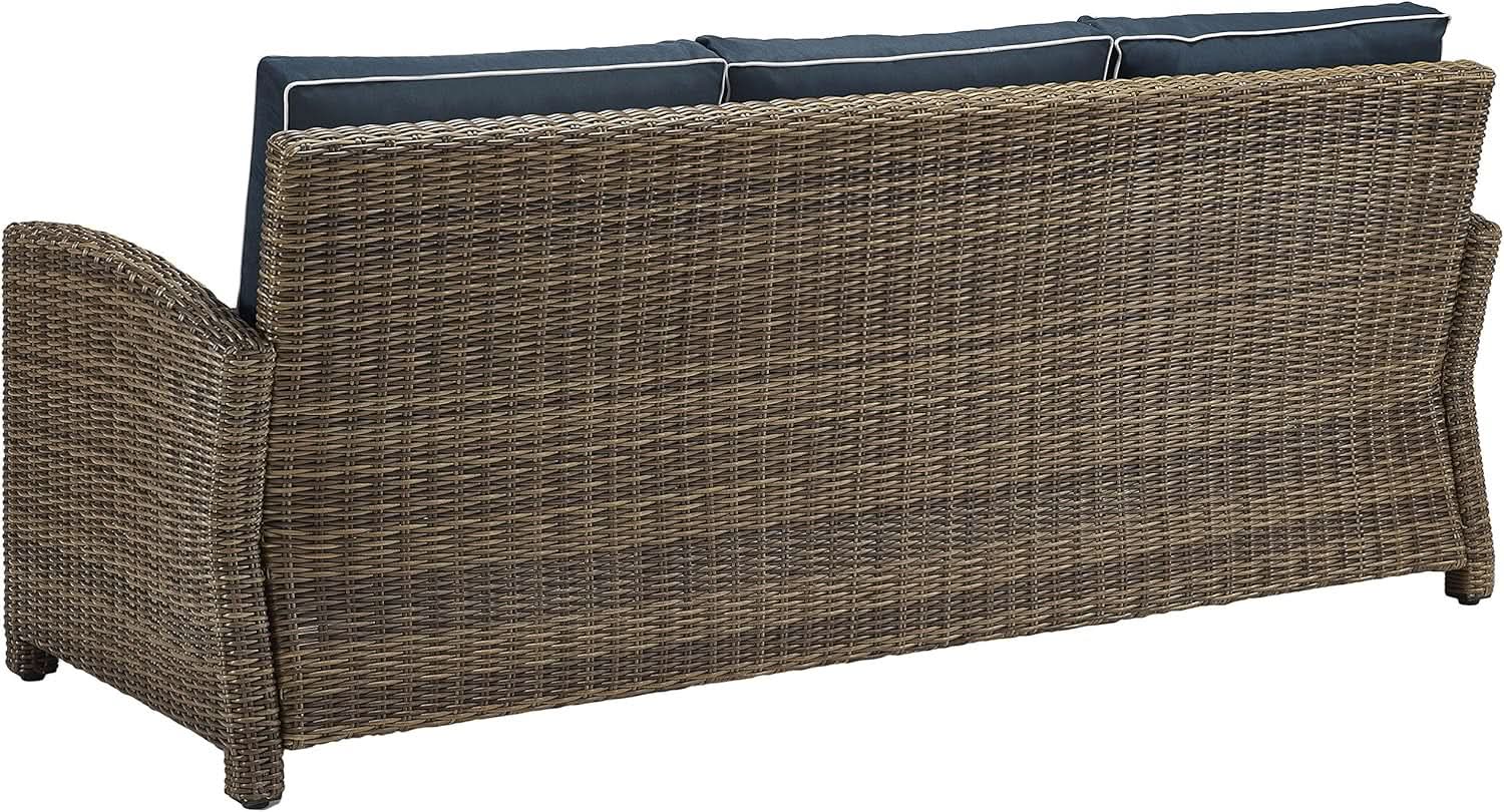 Brown Wicker Outdoor Sofa with Navy Cushions for Comfort from PriceLows™
