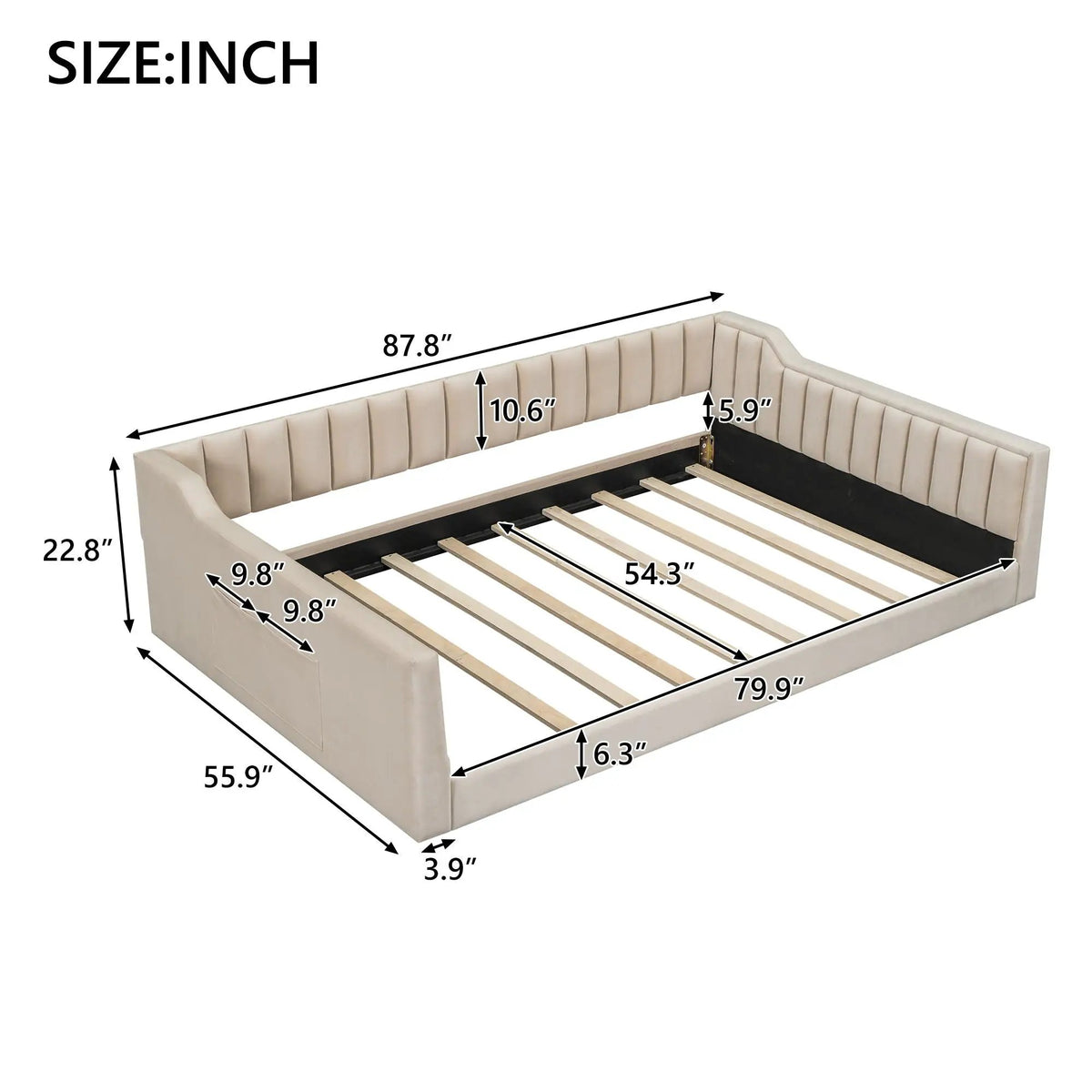 Compact Daybed | Side Storage Pocket | Vertical Stripe Upholstery | 87.8 Inch Length