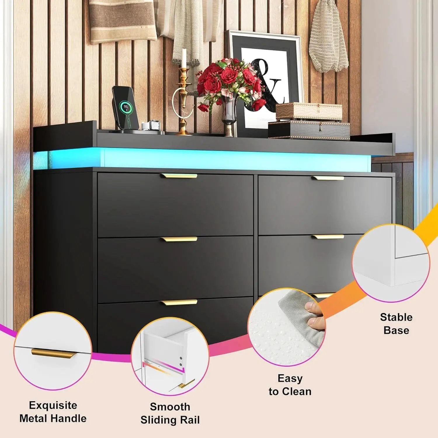 Six Drawer Dresser With LED Illumination Enhancement from PriceLows™