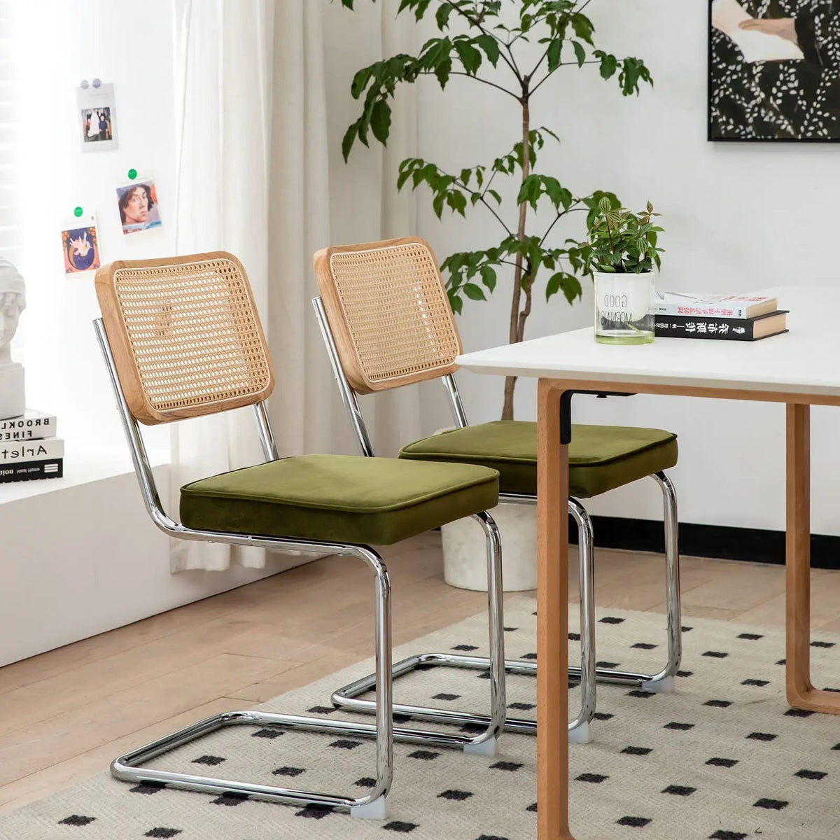 Rattan Dining Chairs | Set Of 2 | Painted Legs | Cantilever Mid-Century Style