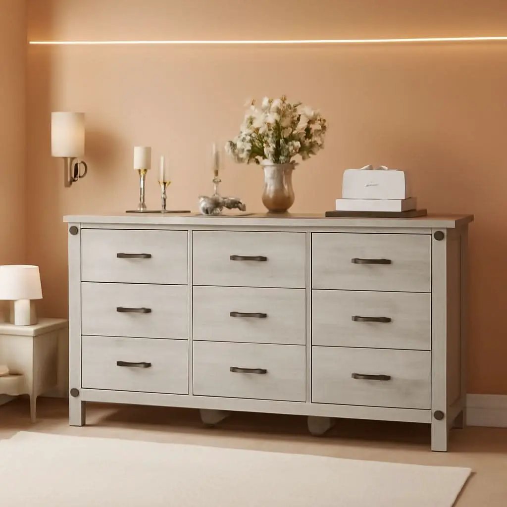 59 Inch Washed Grey Modern Farmhouse DresserWithNineDrawers from PriceLows™