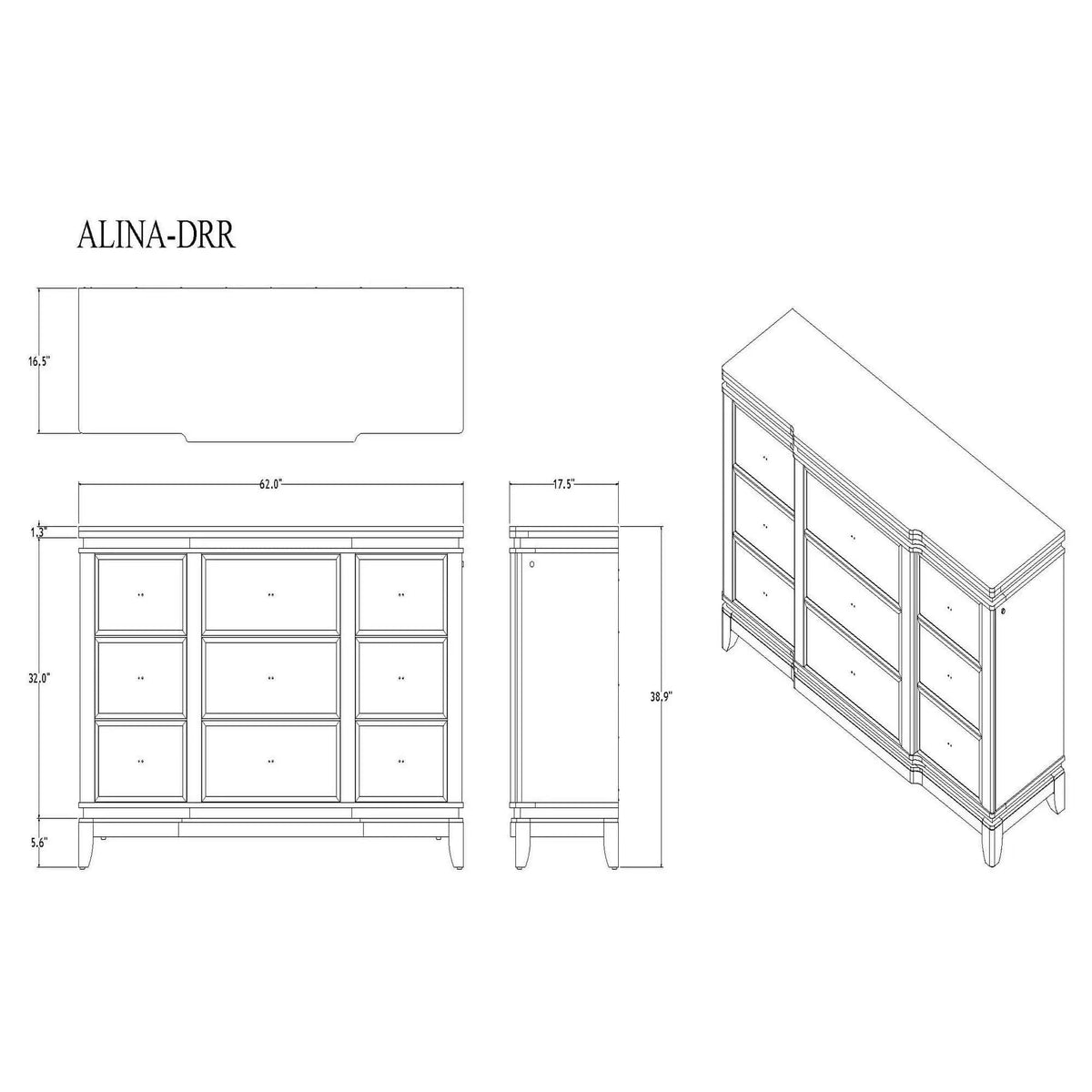 Adalid Dresser With LED Light And Glittered Drawer Fronts | 62 x 17.5 x 38.94 in | Solid Wood & Mdf | White