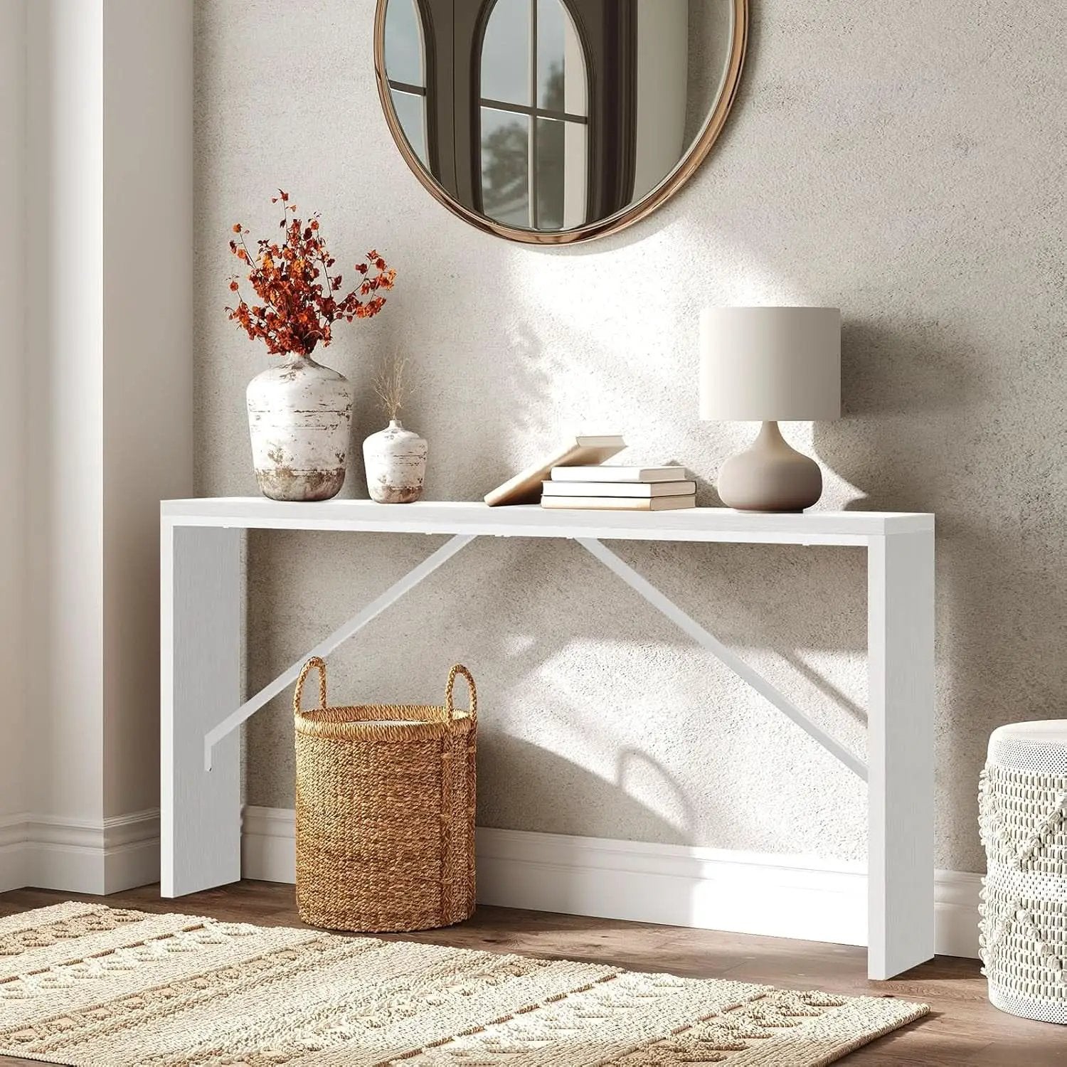 62.2-Inch Industrial White Console Table With Metal Frame from PriceLows™