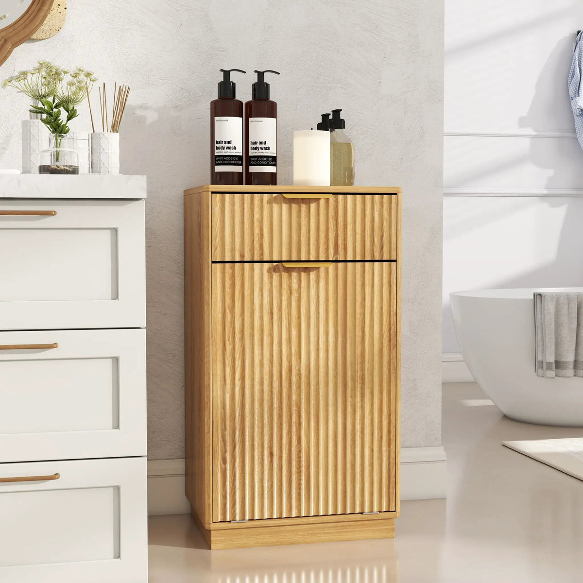 Tilt Out Trash Can Cabinet | Wave Textured Drawer | Pull Out Bin | Dual-Zone Waste Control