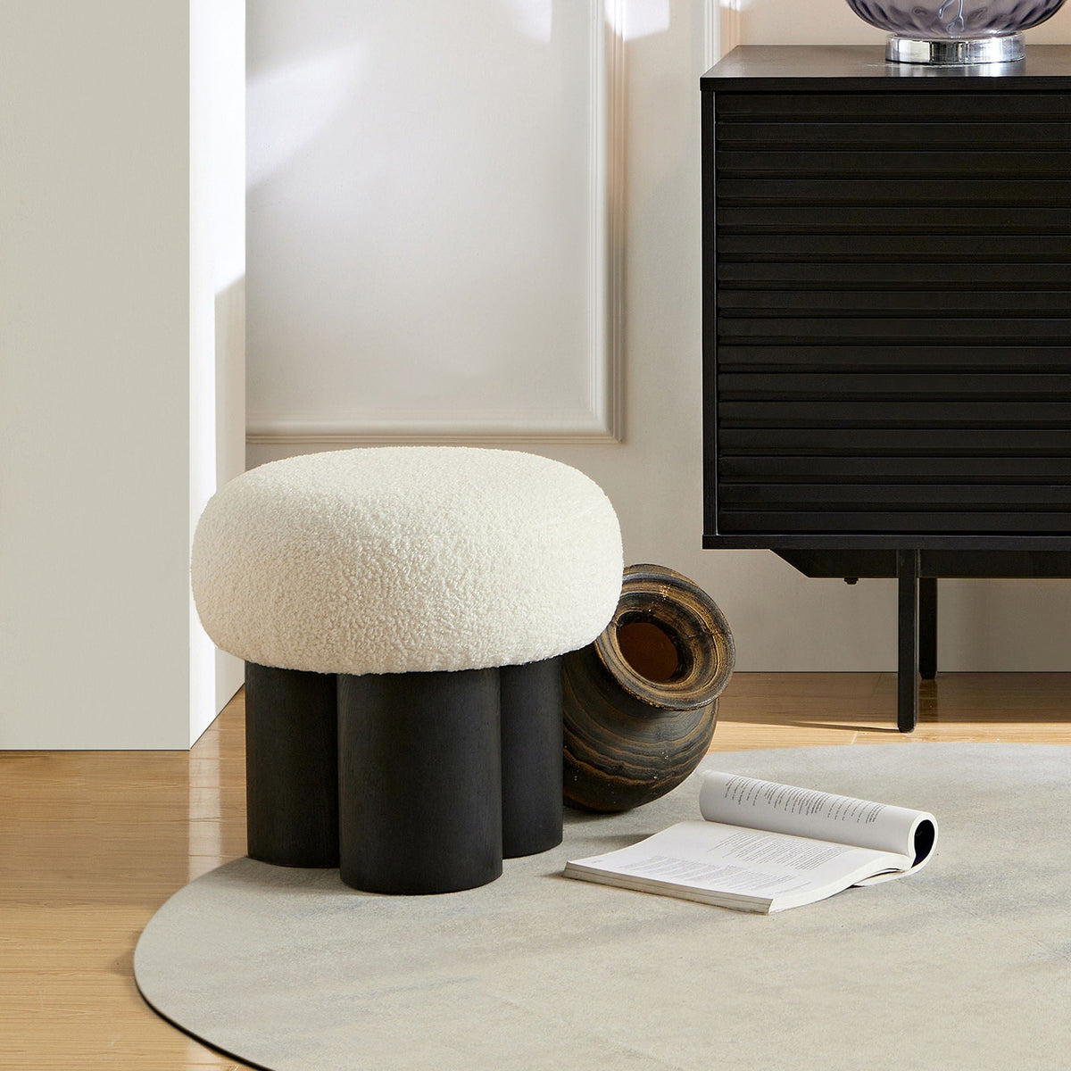 Mushroom Stool With Cushion | Greige Cushion | Wooden Barrel Base | 15.75 Inch Height