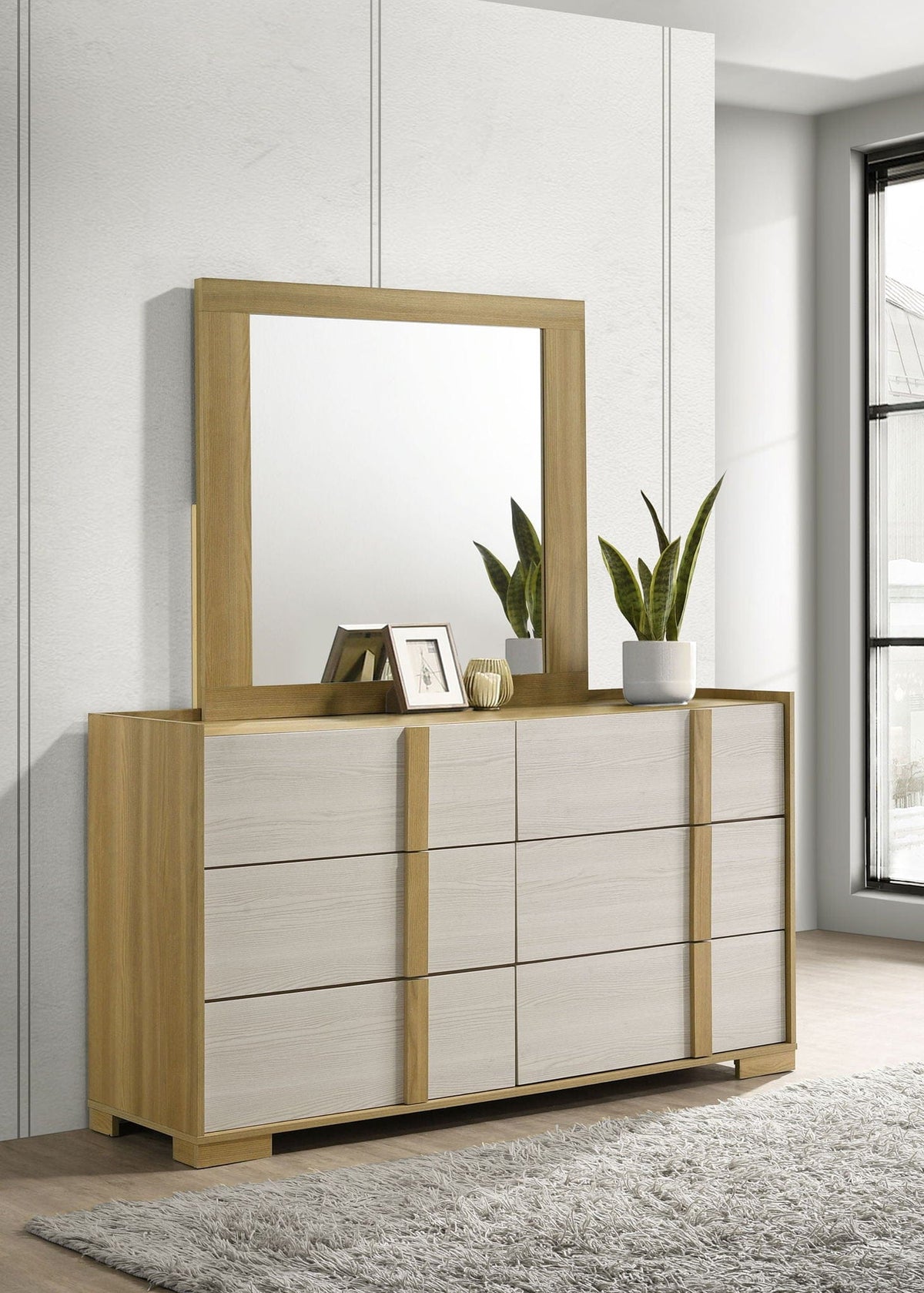 Hyland 6-drawer Dresser with Mirror | 60.75 x 17.25 x 70.25 in | Engineered Wood & Veneer | Natural