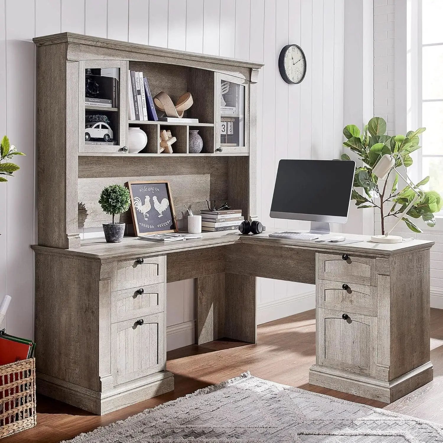 60-Inch L-Shaped Desk With Hutch Light Rustic Oak Finish from PriceLows™