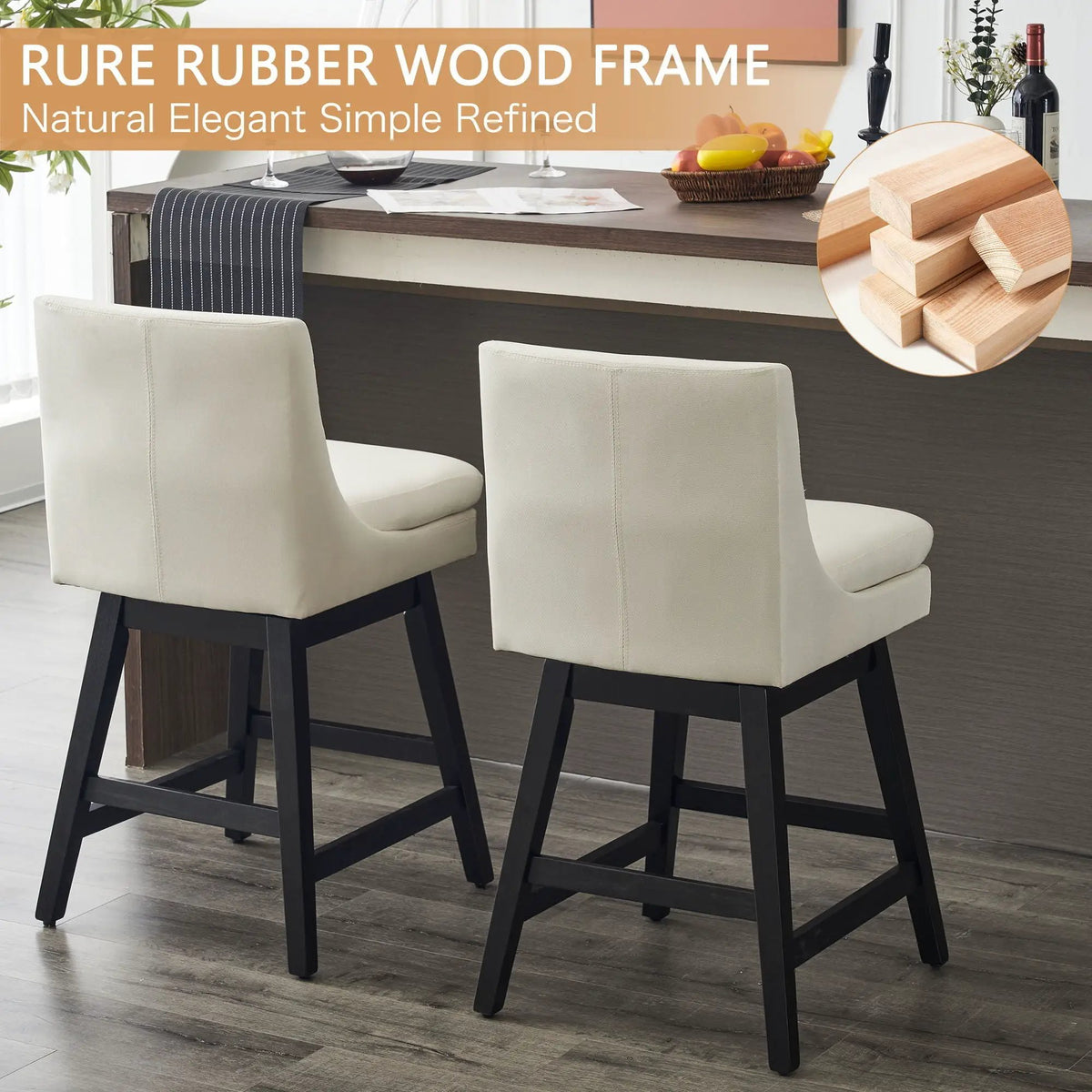 Upholished Swivel Bar Stools | Linen High Back | Padded Seat | Set Of 2