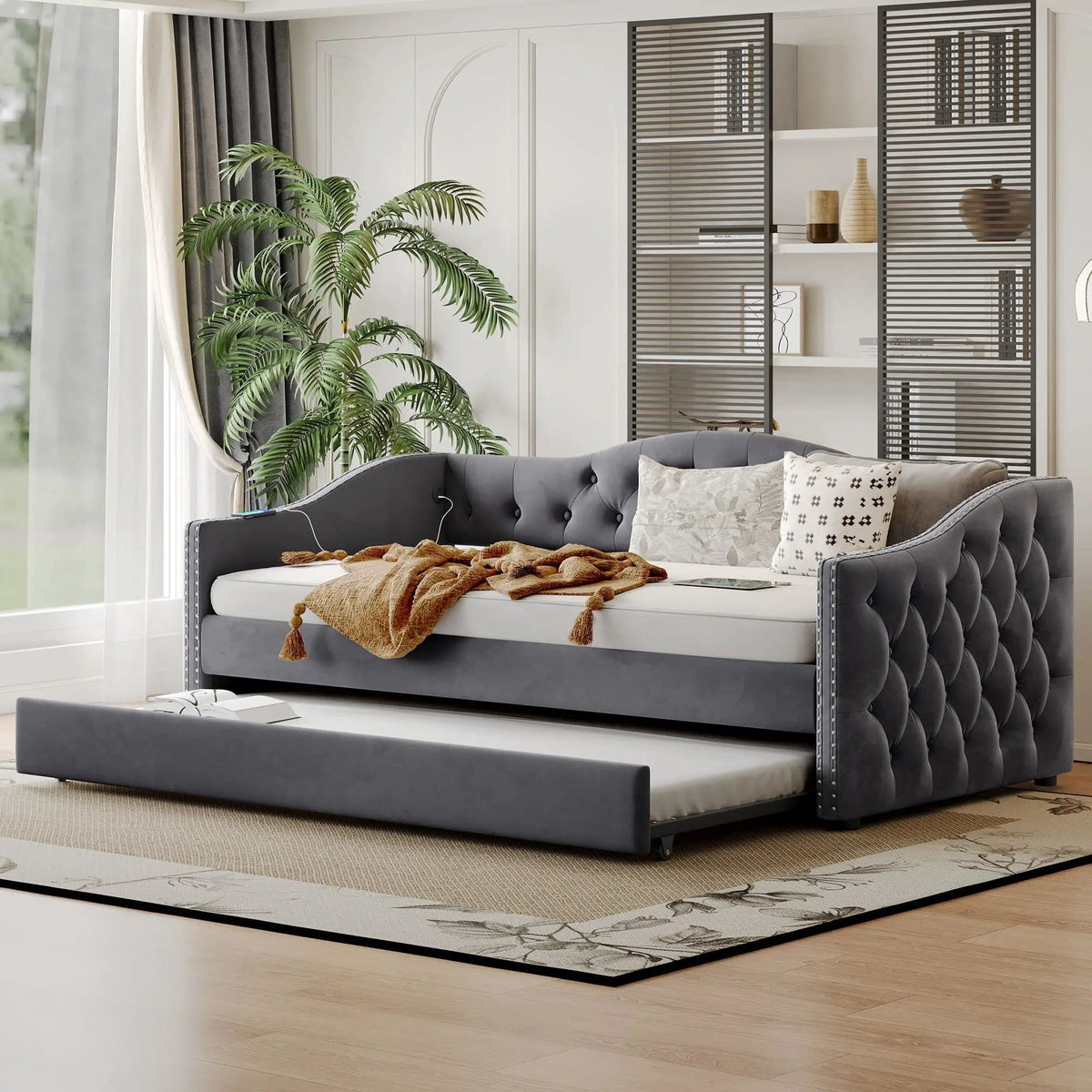 Twin Size Upholstered Daybed With Trundle And USB Charging Design For Bedroom - | 81.1 x 40.55 x 29.5 in | Fabric | Gray