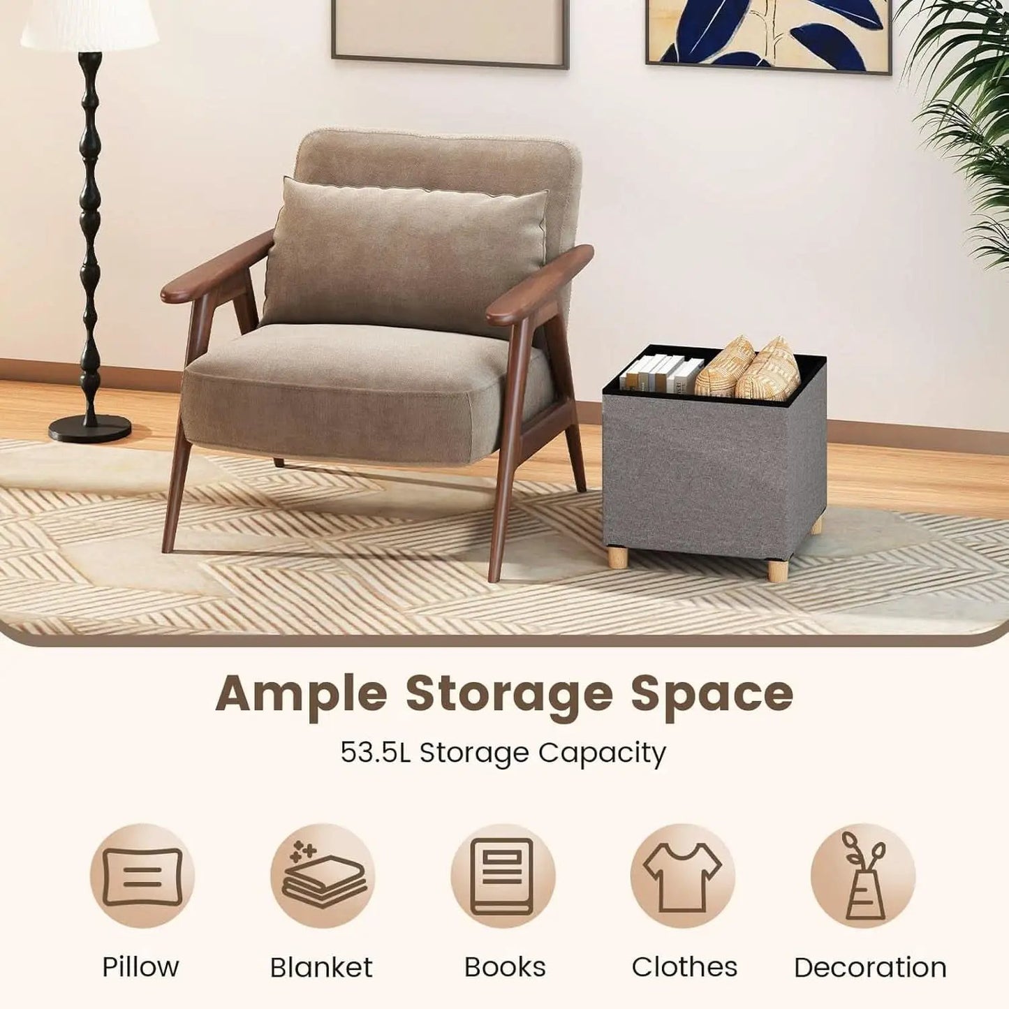 Linen Fabric Storage Ottoman Cube With Tray Lid Elevated Legs 18 Inch from PriceLows™