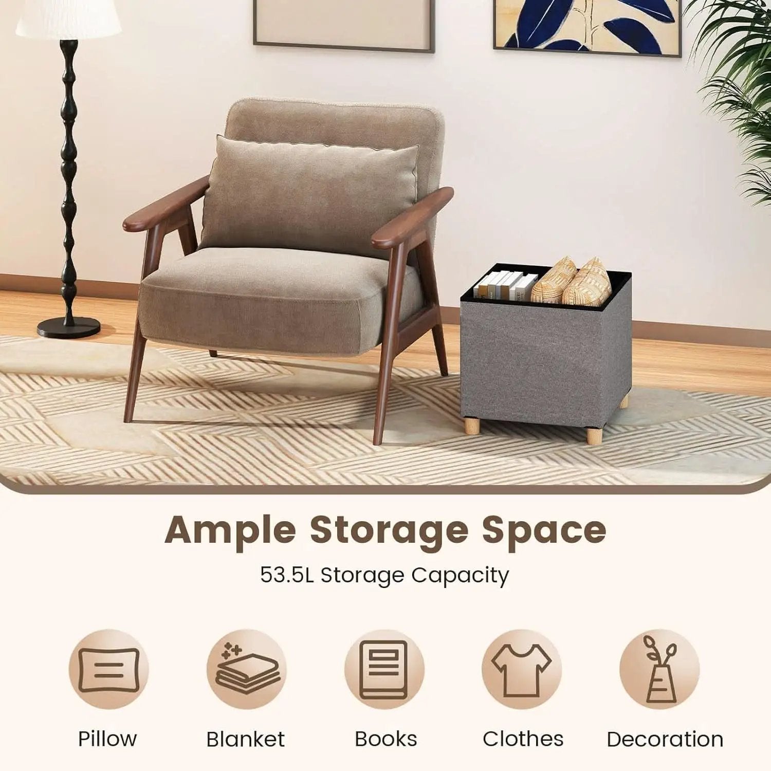 Linen Fabric Storage Ottoman Cube With Tray Lid Elevated Legs 18 Inch from PriceLows™