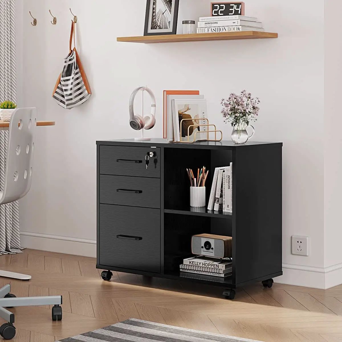 Mobile File Cabinet With Open Storage And File Drawers from PriceLows™