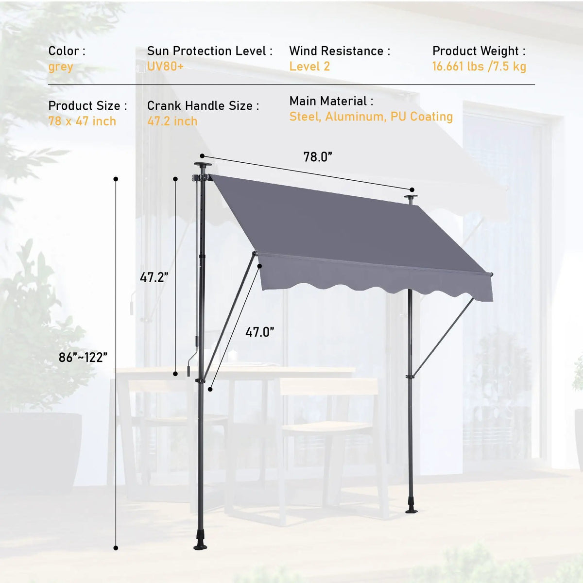 Manual Retractable Patio Awning | Waterproof UV Shield | Rustproof Steel Frame