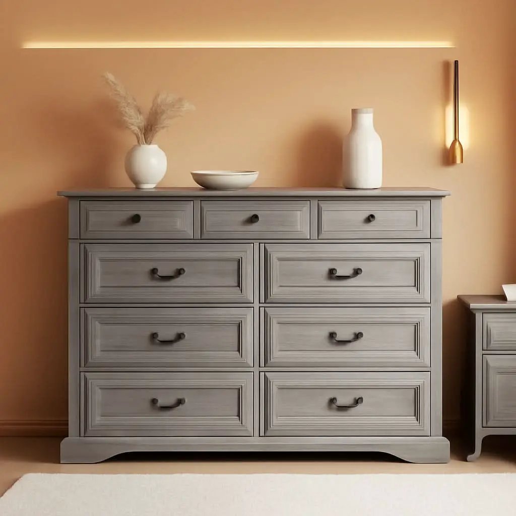 Grey 9-Drawer SolidWood Dresser For Bedroom Storage from PriceLows™
