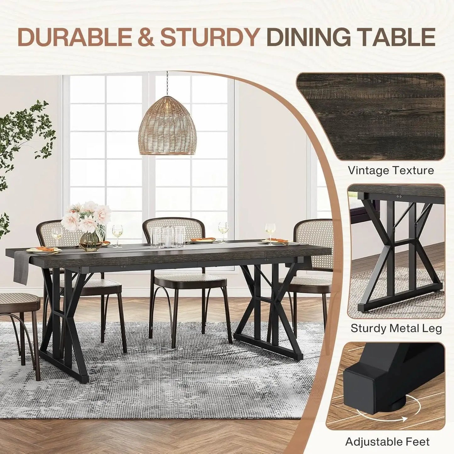 Farmhouse Dining Table 70.8 Inch Heavy Duty Metal Legs from PriceLows™