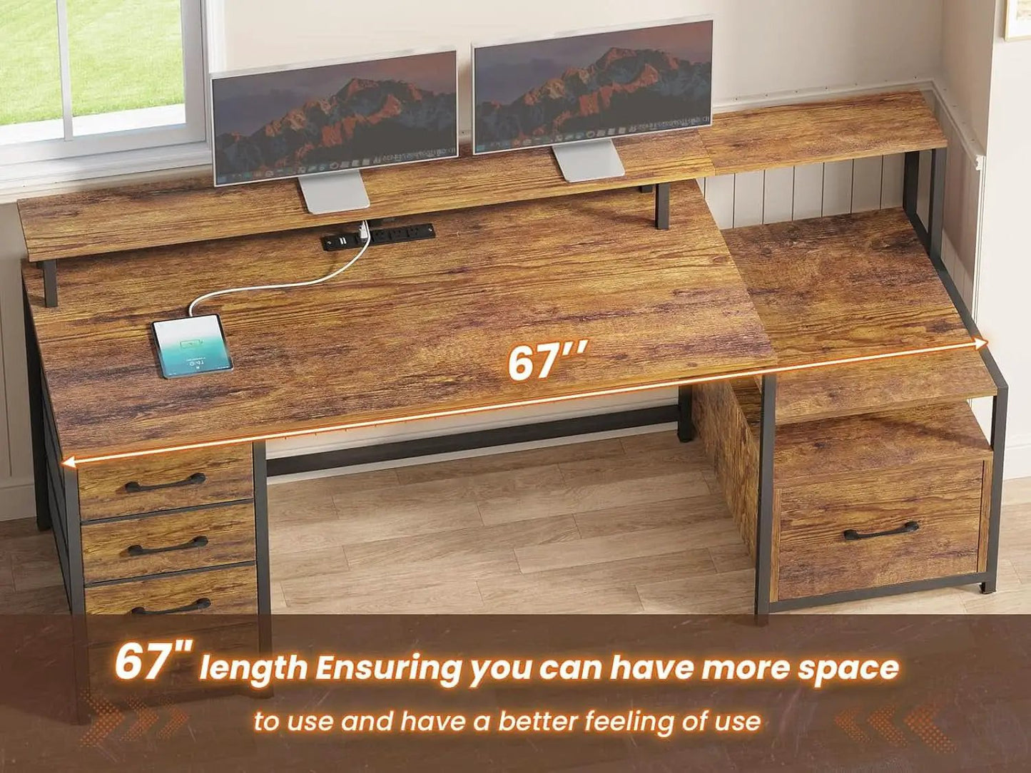 66 Inch Home Office Desk Rustic Brown Durable Construction from PriceLows™
