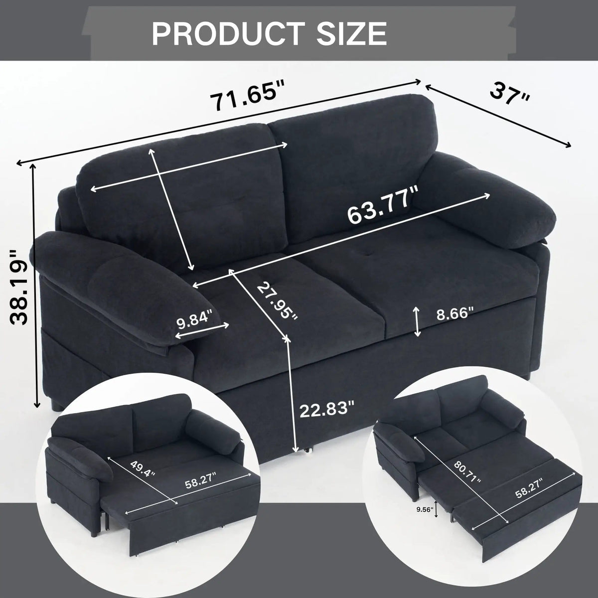 Convertible Pull Out Sofa Bed Queen Size, 3 In 1 With Side Storage | Sleeper Sofa | Fabric & Steel | Bedroom