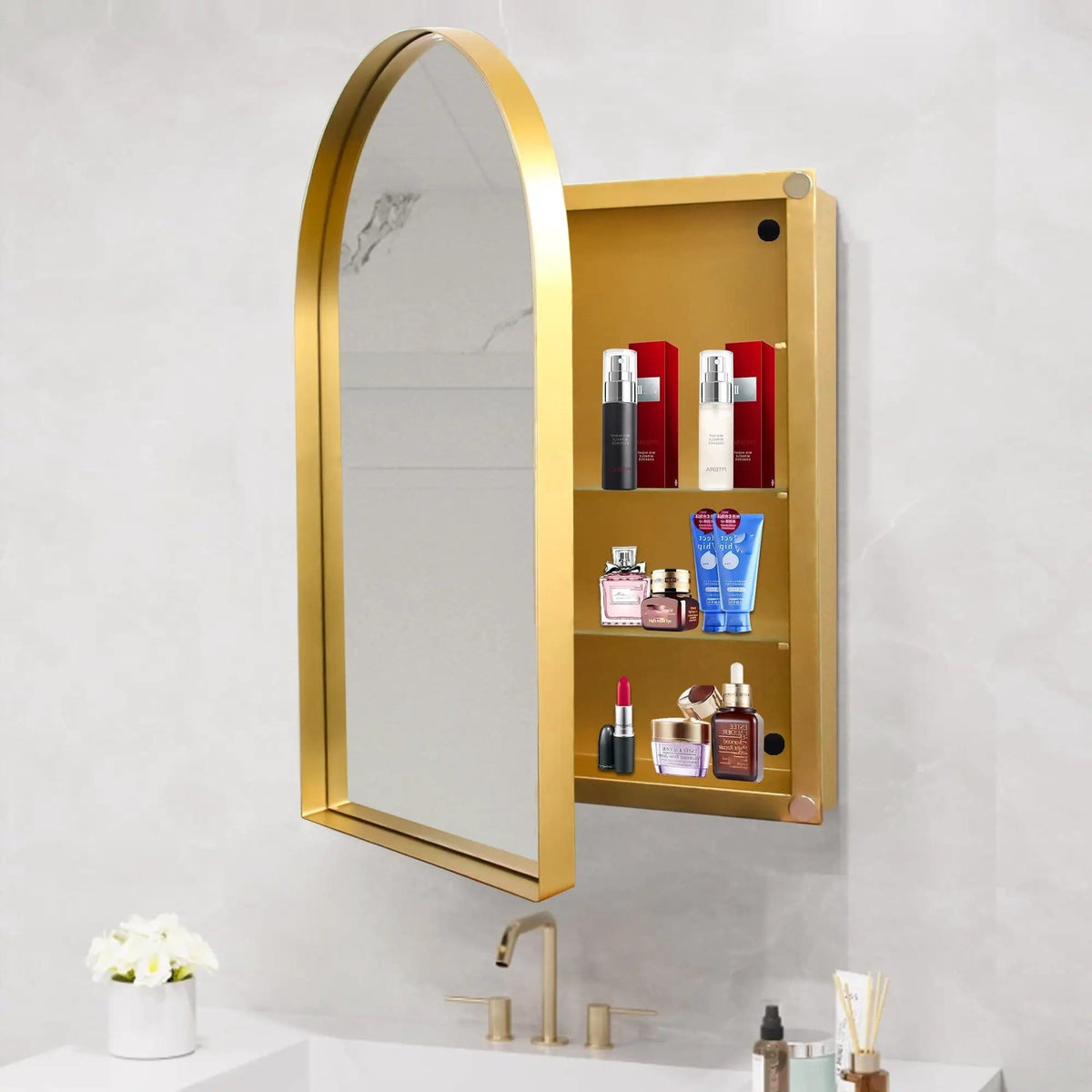 Arched Recessed Medicine Cabinet, Metal Framed Bathroom Wall Cabinet With Mirror And | 3 Pieces | Metal | Bathroom