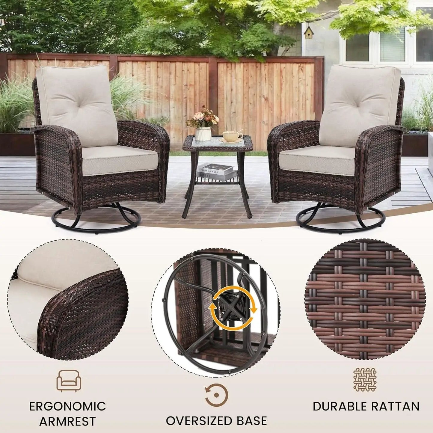 Two Outdoor Swivel Wicker Glider Patio Chairs With Table Set Brown Rattan And Beige Cushions from PriceLows™