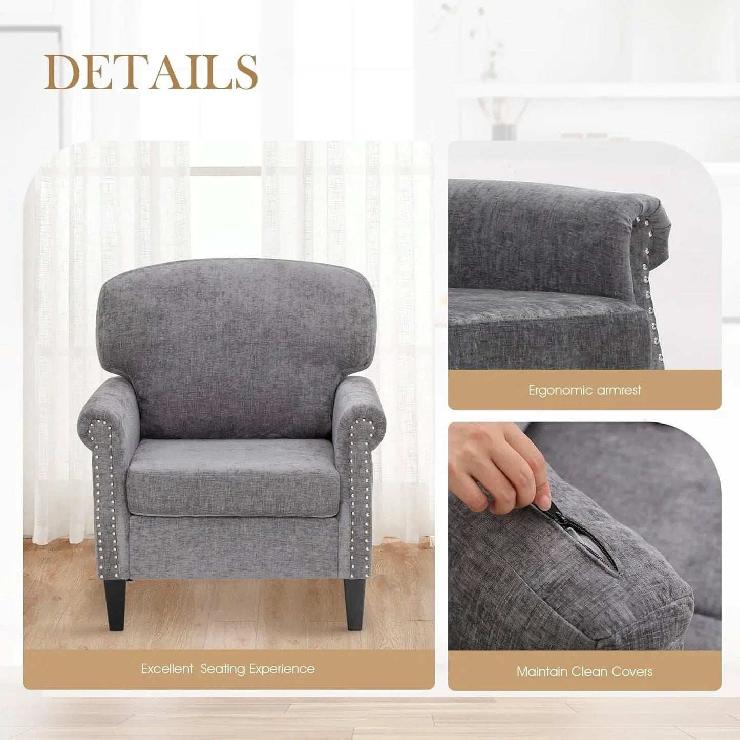 3 Piece Living Room Furniture Set Grey Linen Fabric Loveseat And Two Accent Chairs from PriceLows™