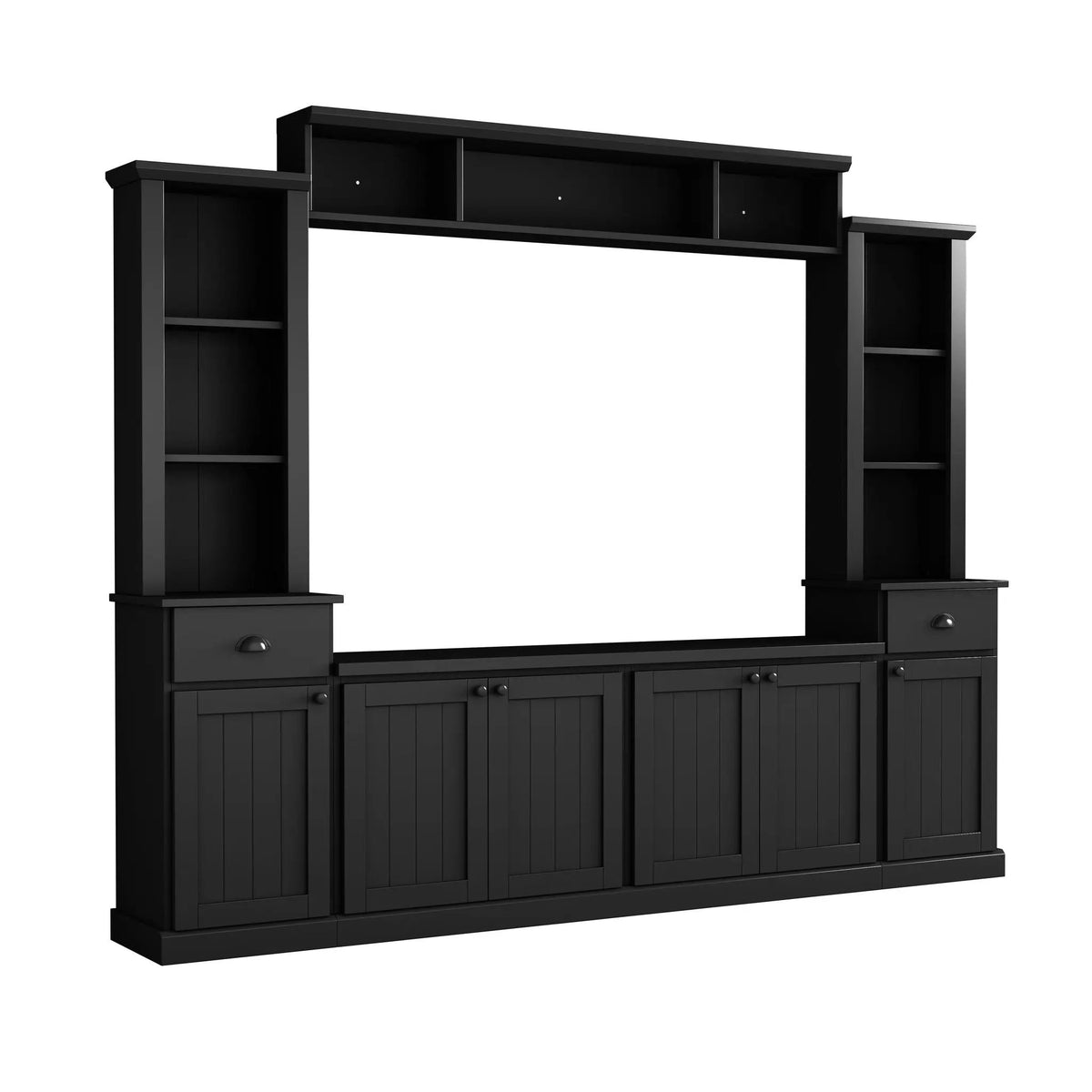 Minimalist Entertainment Wall Unit | Fits TVs Up To 75 Inch | Adjustable Bridge Height | Plank-Inspired Doors