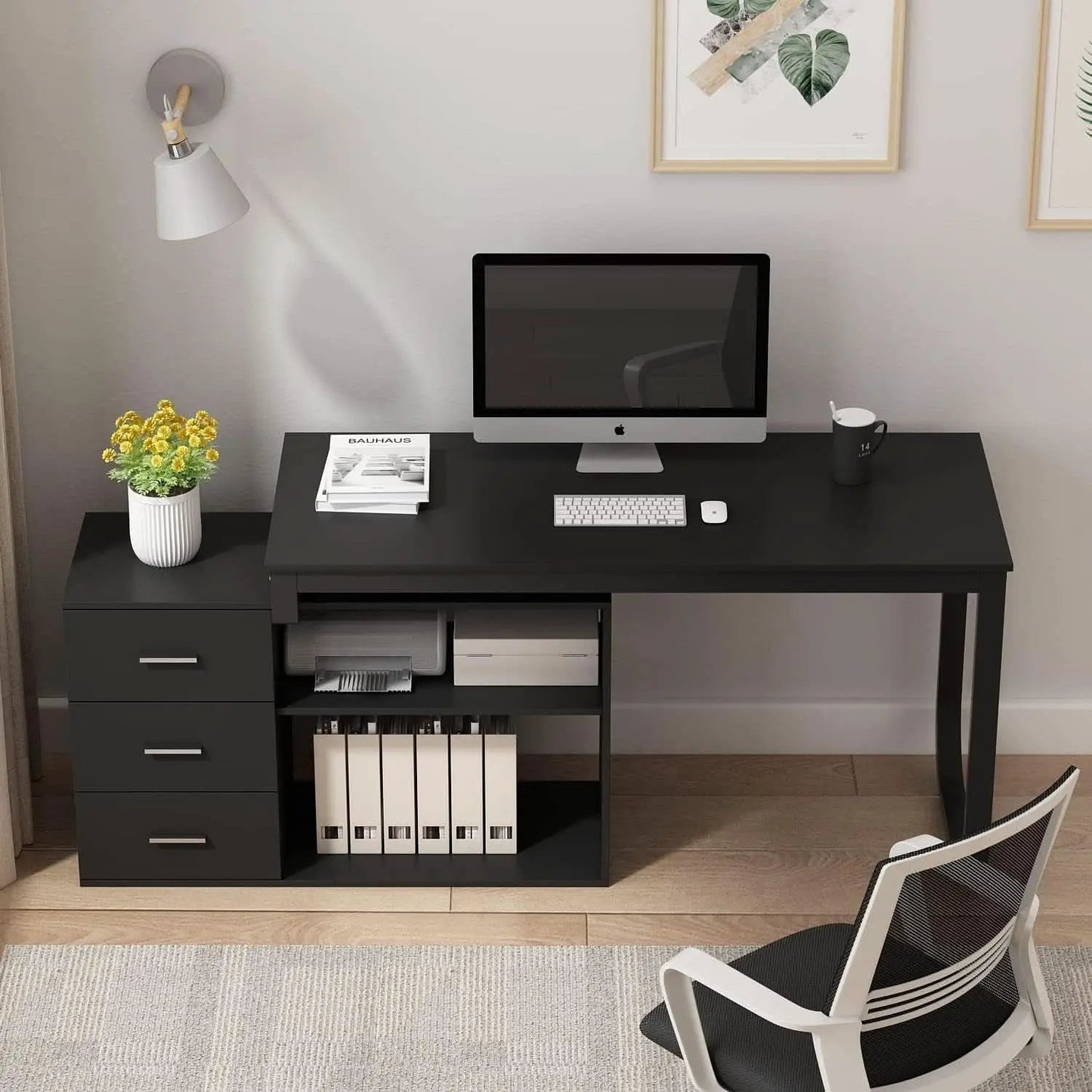 55 Inch L Shaped Computer Desk Black Storage Cabinet from PriceLows™