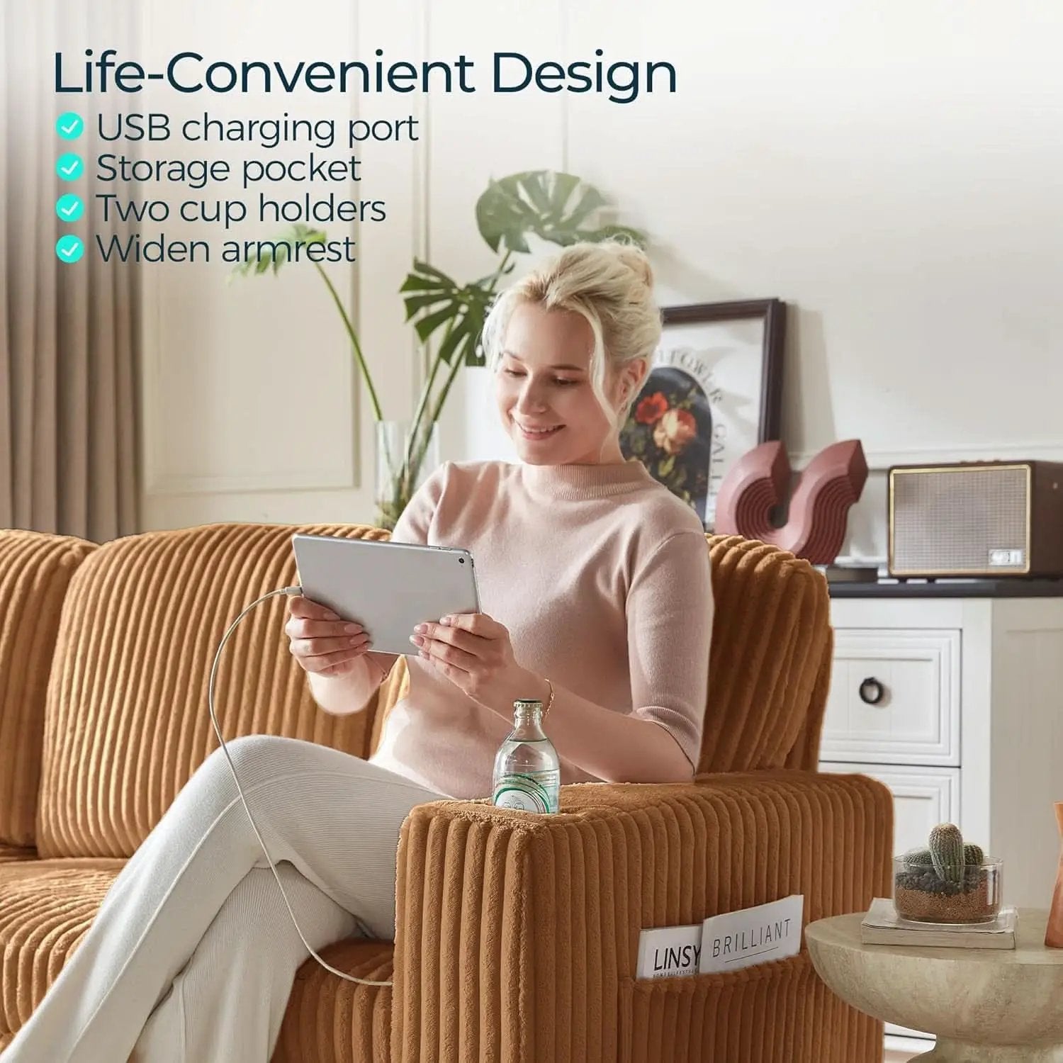 Brown UShaped Convertible Sectional Sofa Bed USBPort from PriceLows™