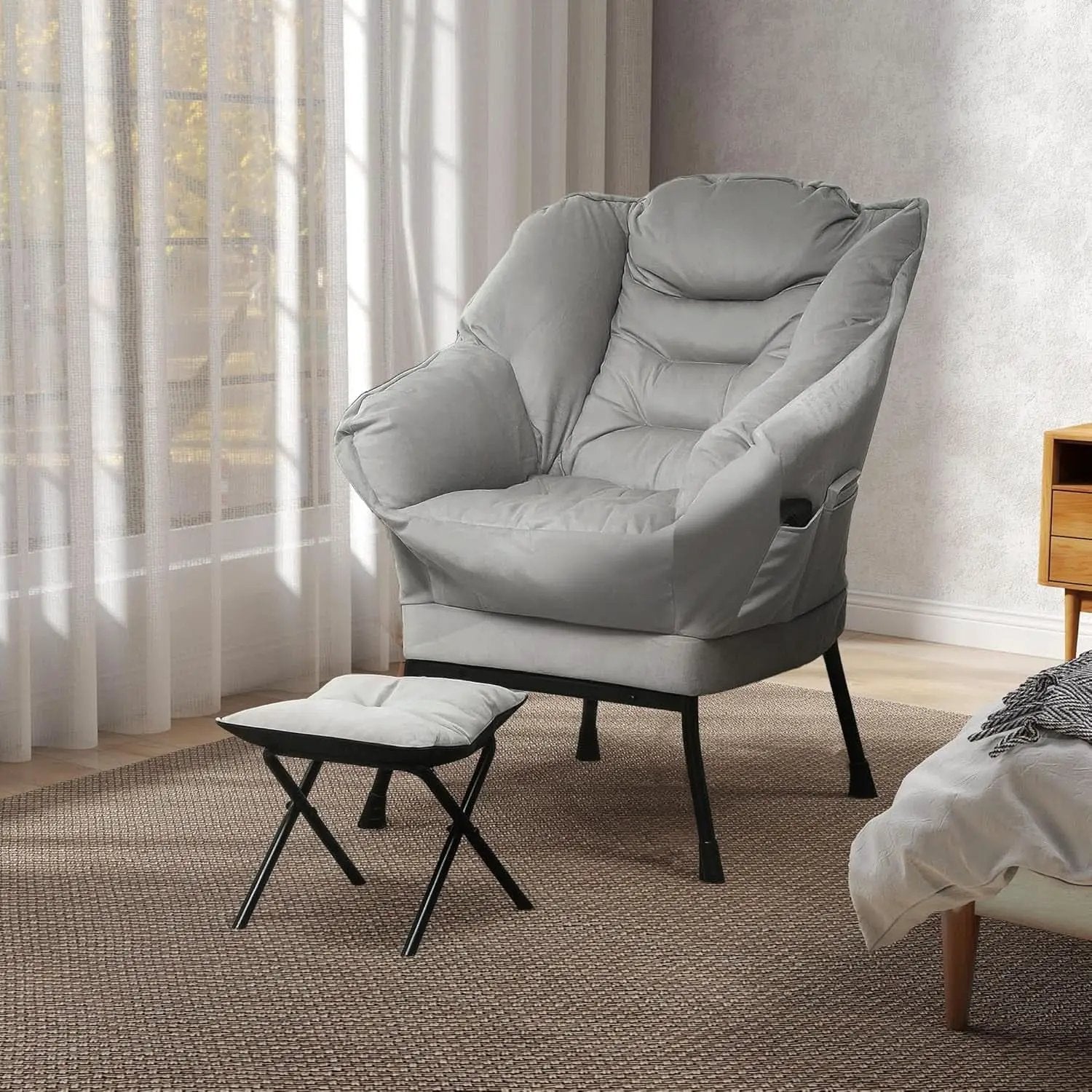 Fabric Lounge Chair With Ottoman Light Gray Overstuffed Padding from PriceLows™