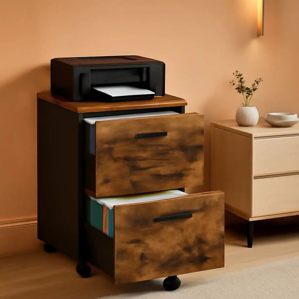 Two Drawer File Cabinet For Home Office Rolling Rustic Brown And Black Fits A4 And Letter Files from PriceLows™