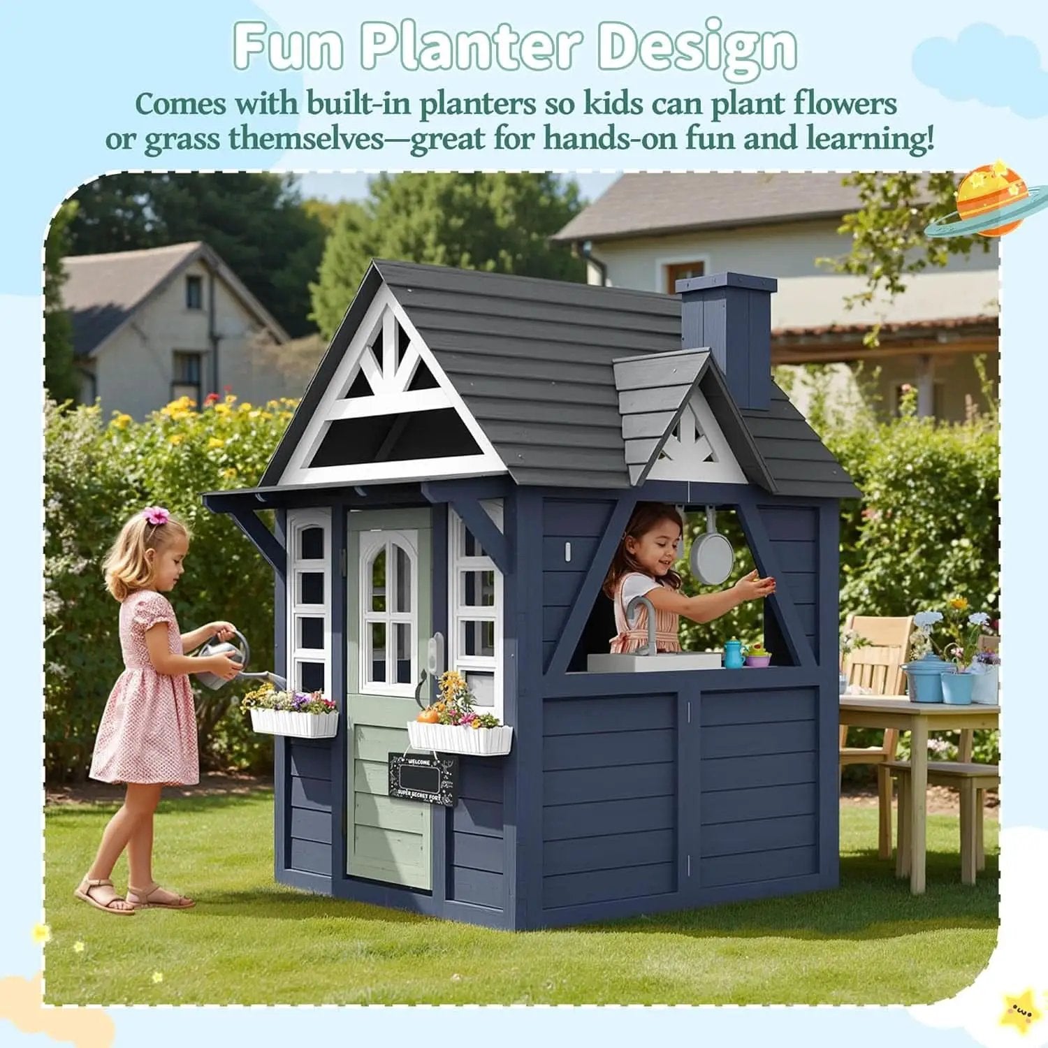 Blue Outdoor Kids Playhouse With Kitchen Doorbell Panel from PriceLows™