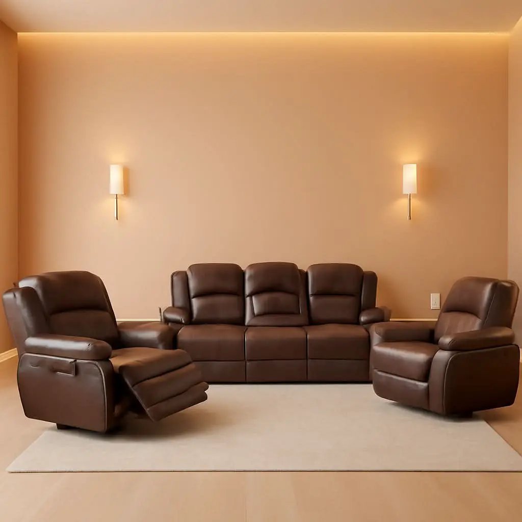 Manual Recliner Sofa Set Bonded Leather With Storage Console Brown 3 Piece from PriceLows™