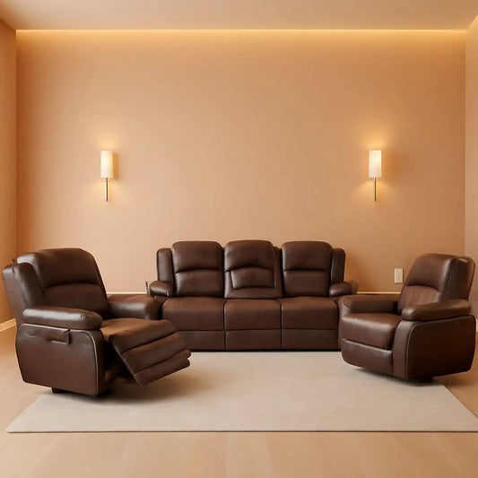 Manual Recliner Sofa Set Bonded Leather With Storage Console Brown 3 Piece from PriceLows™