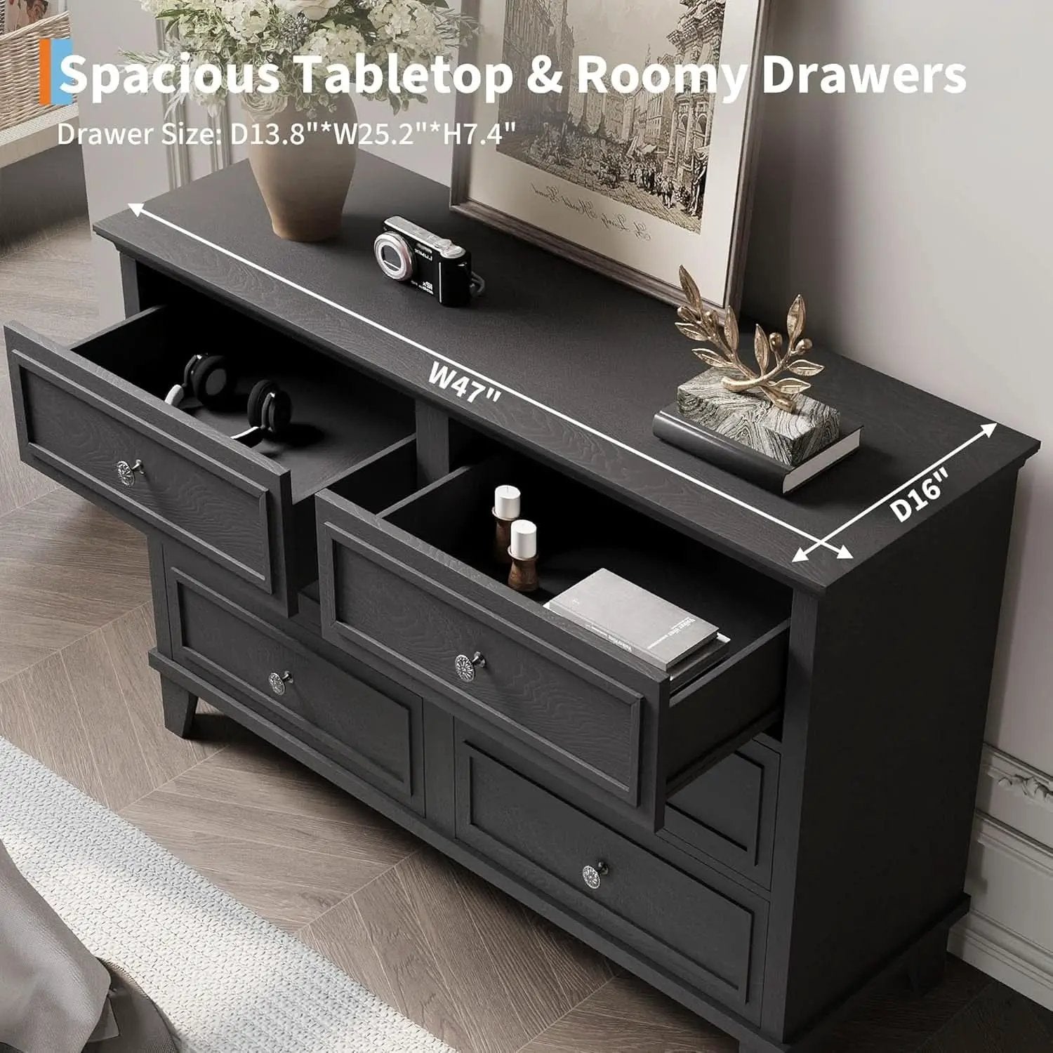 Black Antiqued Traditional Six Drawer Dresser Chest from PriceLows™