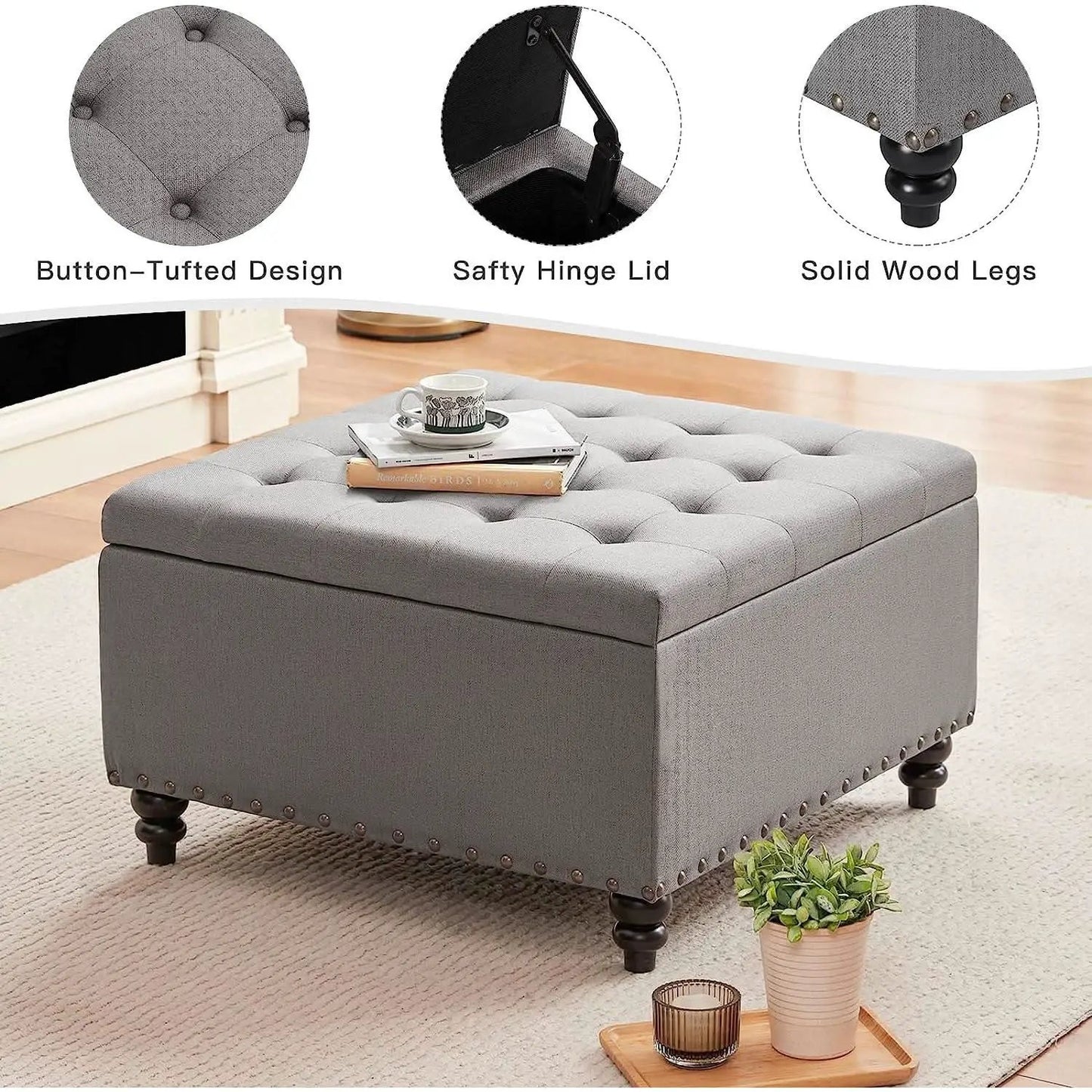 Grey Tufted Storage Ottoman Square For Living Room from PriceLows™
