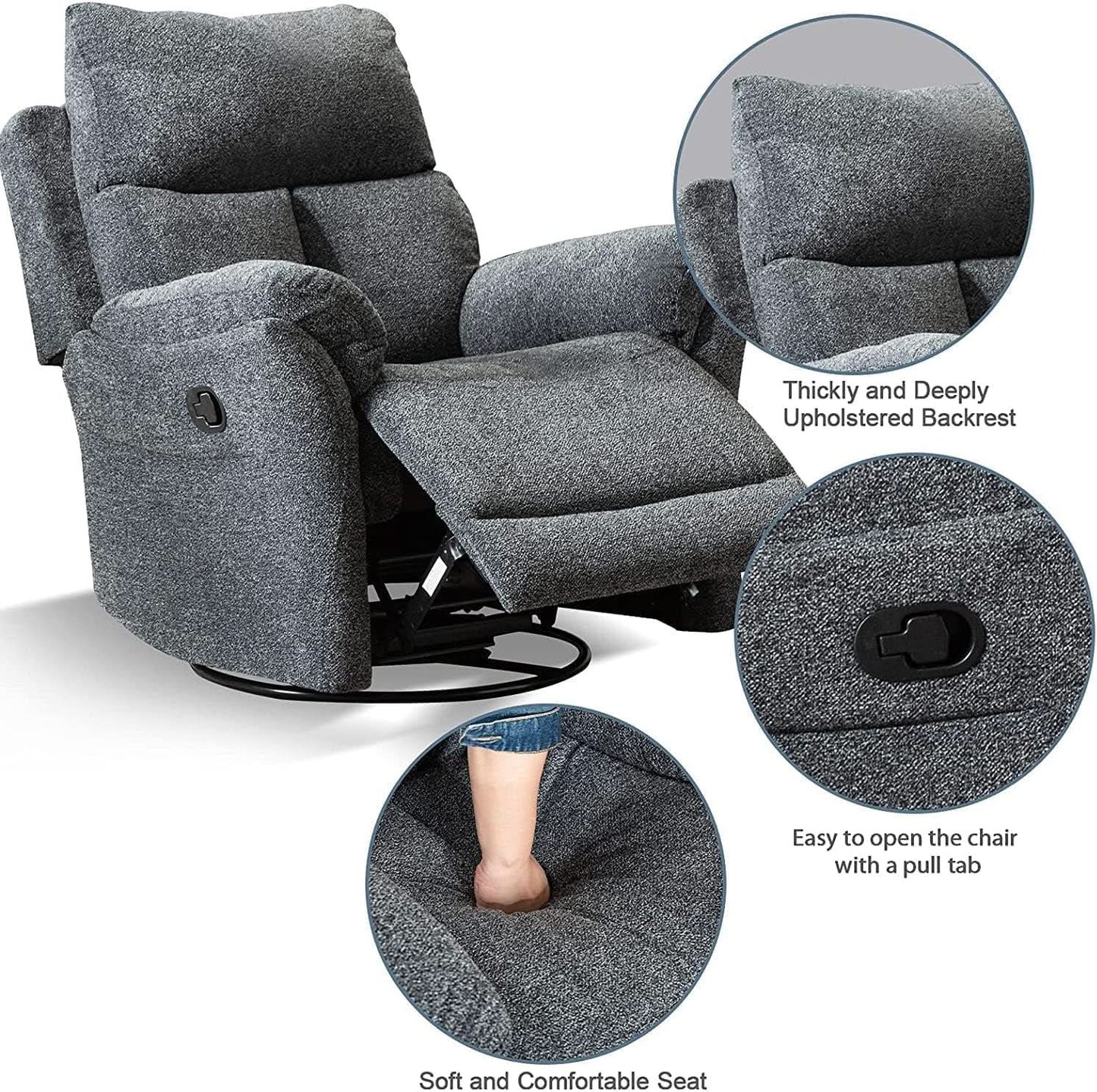 Swivel Rocker Recliner Chair Gray Fabric For Small Spaces from PriceLows™