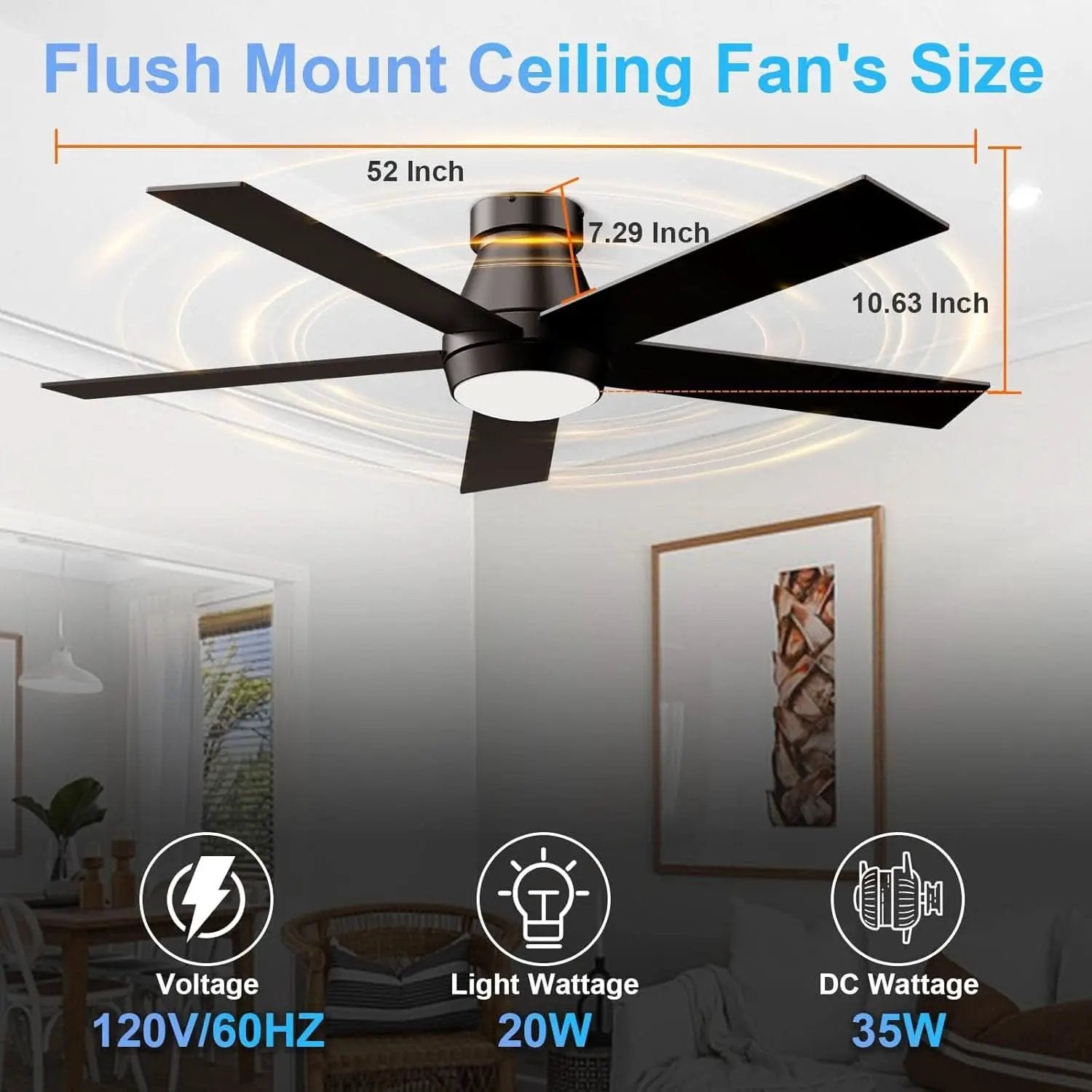 52 Inch Black Flush Mount Ceiling Fan With Dimmable Lights from PriceLows™