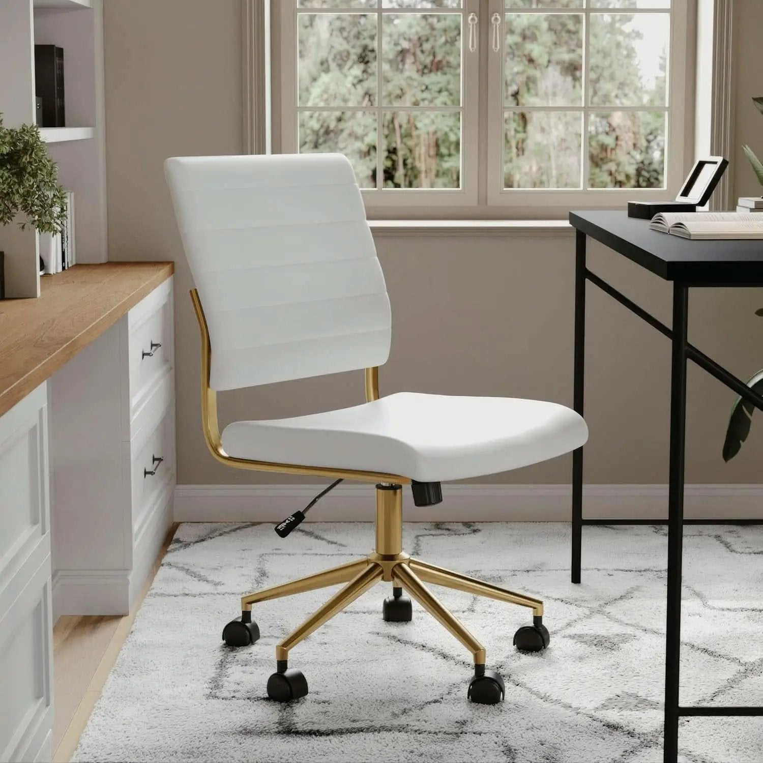 White Faux Leather Armless Swivel Chair Brass Frame from PriceLows™