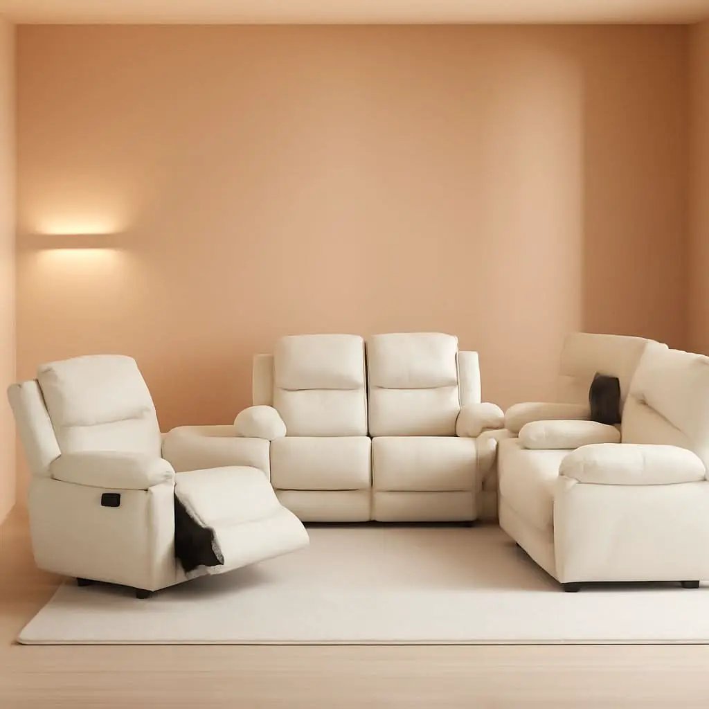 Beige Faux Leather Reclining Sofa Set With Storage Console from PriceLows™