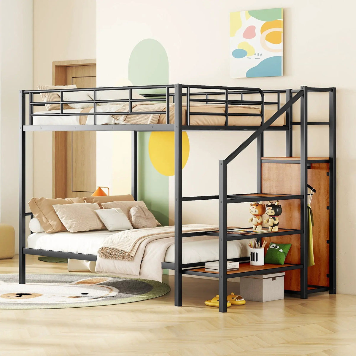 Metal Bunk Bed With Desk | Lateral Storage Ladder | Wardrobe | Clean-Cut Silhouette