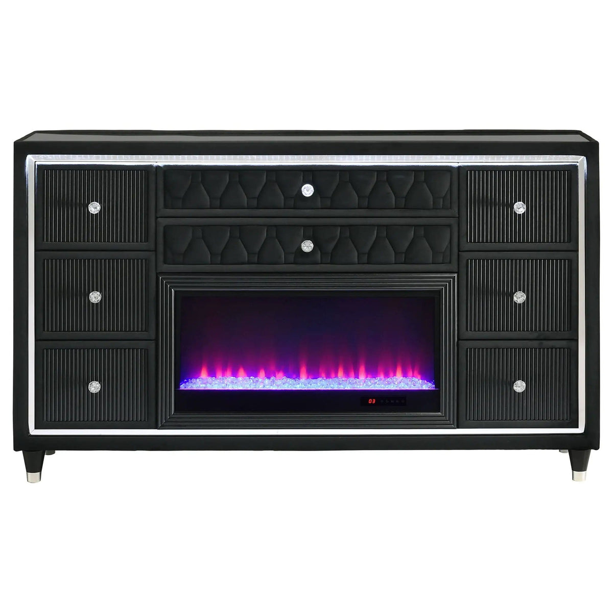 Lorient 8-drawer LED Bedroom Flame Box Dresser | 66.25 x 16.25 x 39.25 in | Rubberwood & Velvet | Black