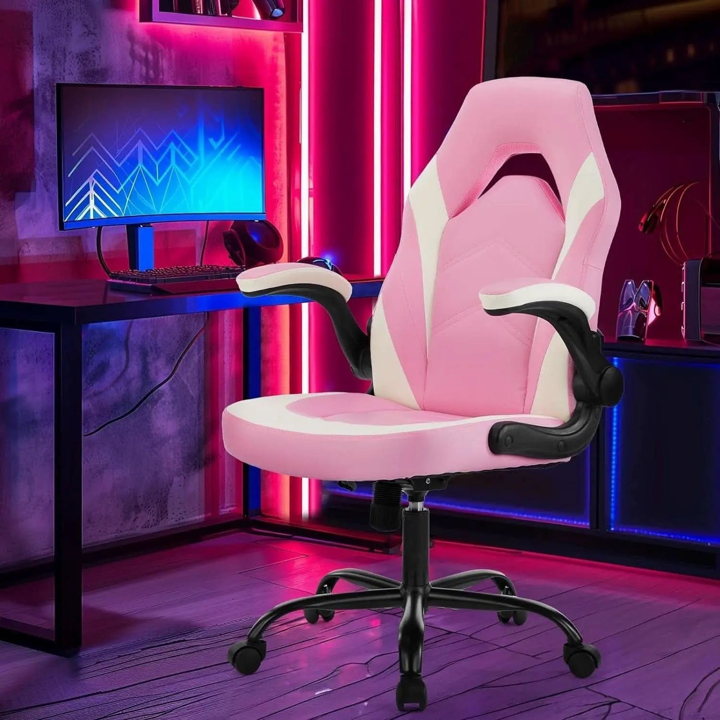 Pink Ergonomic Gaming Desk Chair With Adjustable Armrests from PriceLows™