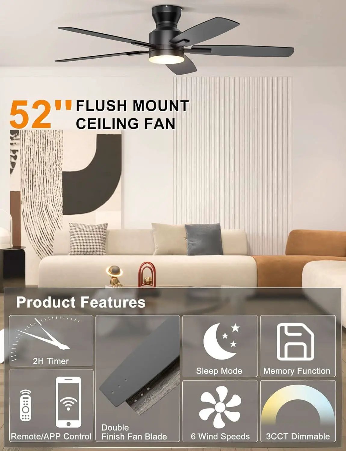 52 Inch Flush Mount Ceiling Fan With Remote App Control from PriceLows™
