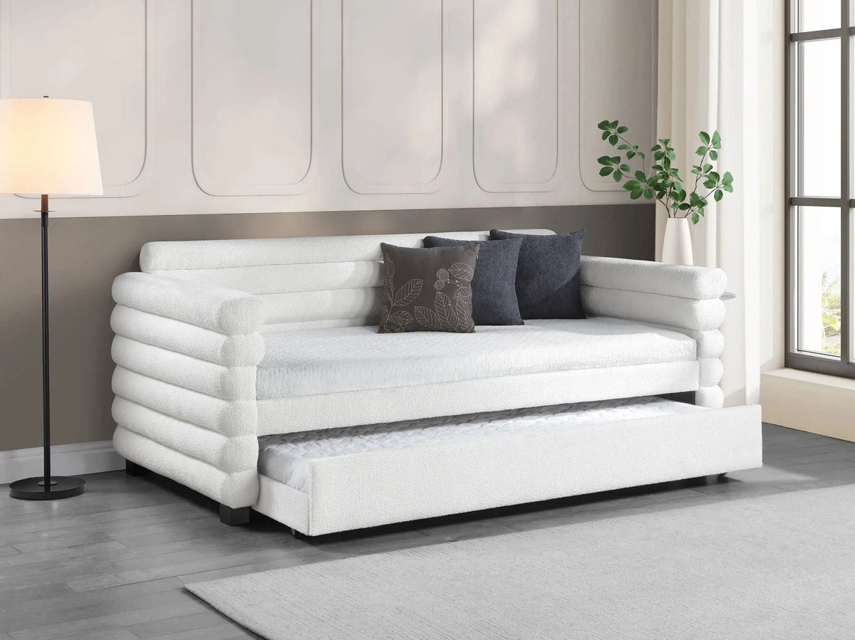 Patricia Boucle Upholstered Twin Day Bed with Trundle Daybed | 88 x 43.75 x 36.5 in | Boucle | White