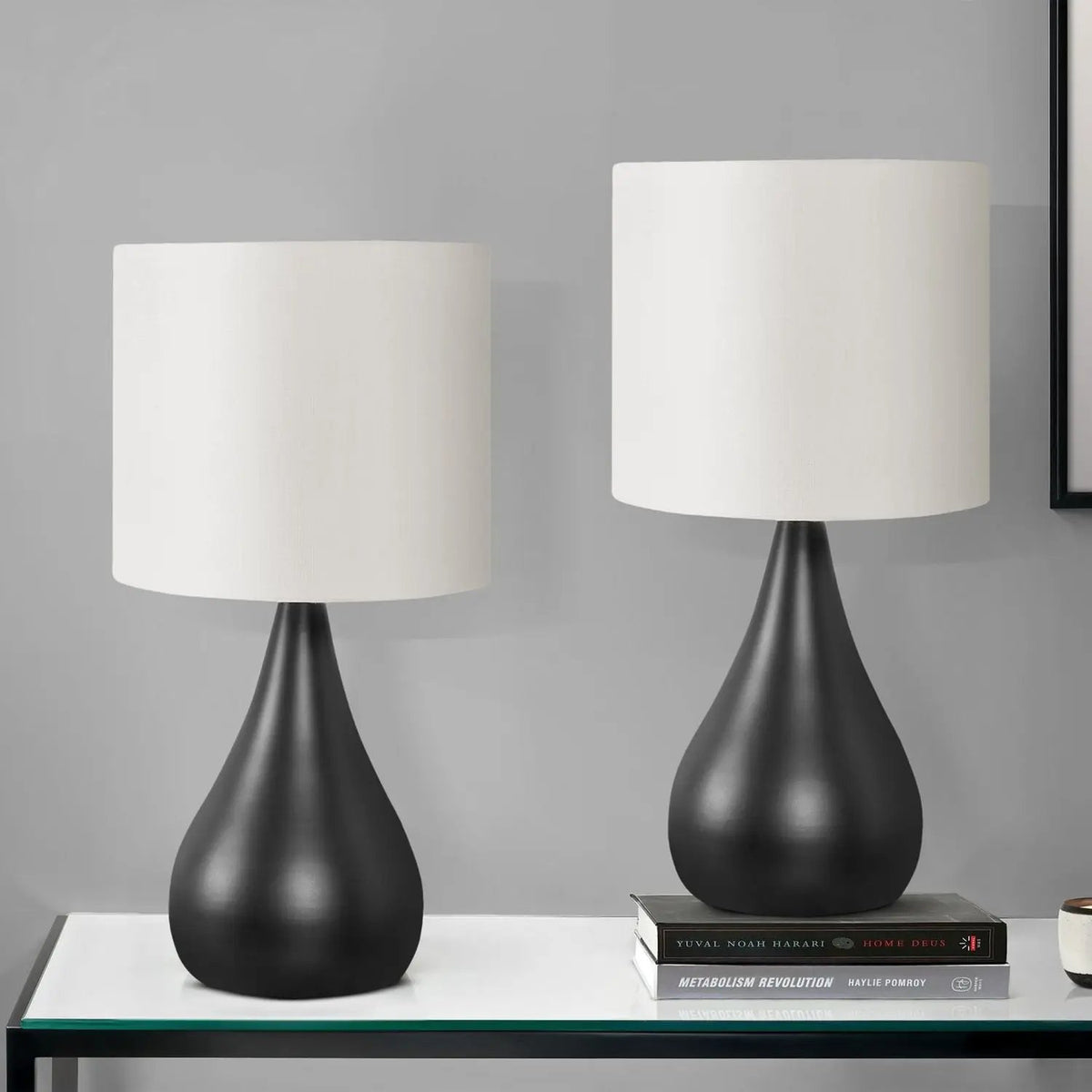 Black Table Lamp Set Of 2 | Teardrop Metal Base | Ivory Cream Linen Shade | Rocker Switch