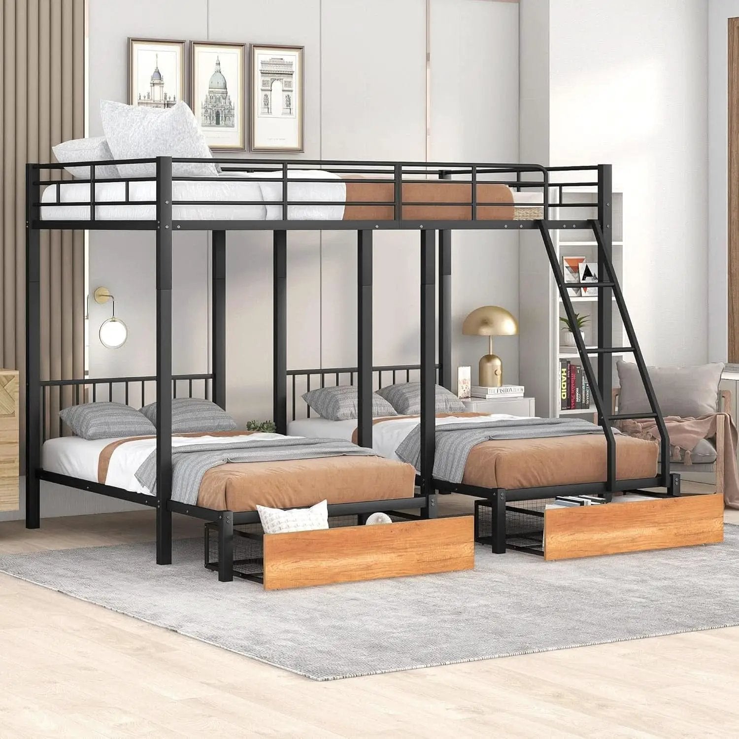 Black Metal Triple Bunk Bed With Drawers Full Over Twin Bunk Beds from PriceLows™