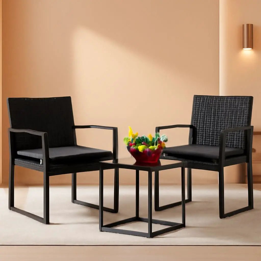 3 Piece Wicker Conversation Bistro Set Outdoor Patio Furniture Black Rattan Chairs Coffee Table For Garden Lawn Porch from PriceLows™