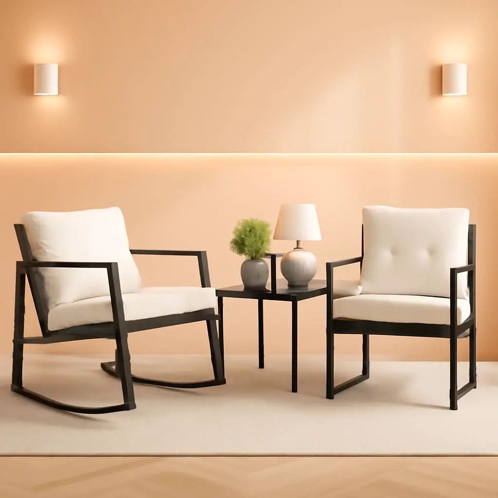 Beige 3 Piece Rocking Wicker Bistro Set With Glass Coffee Table For Patio Outdoor Furniture from PriceLows™