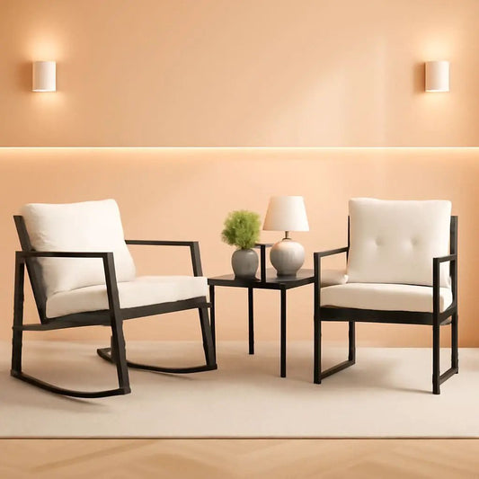 Beige 3 Piece Rocking Wicker Bistro Set With Glass Coffee Table For Patio Outdoor Furniture from PriceLows™