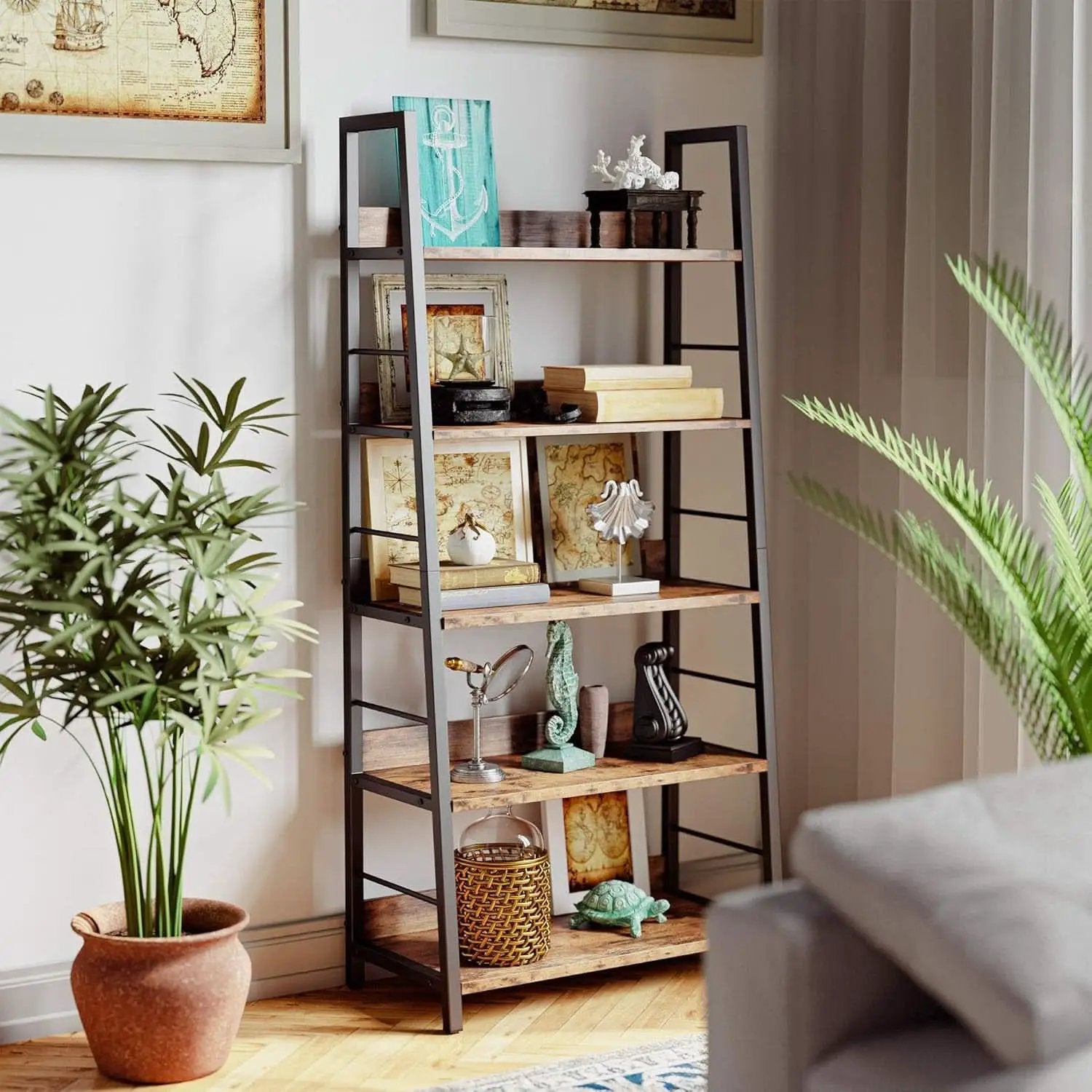 Industrial Ladder Shelf 5 Tier Bookshelf Rustic Brown from PriceLows™