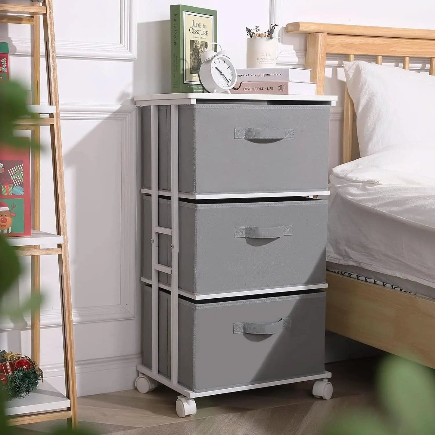 Dresser Tower 3 Drawer Dark Grey With Wood Top And Wheels from PriceLows™